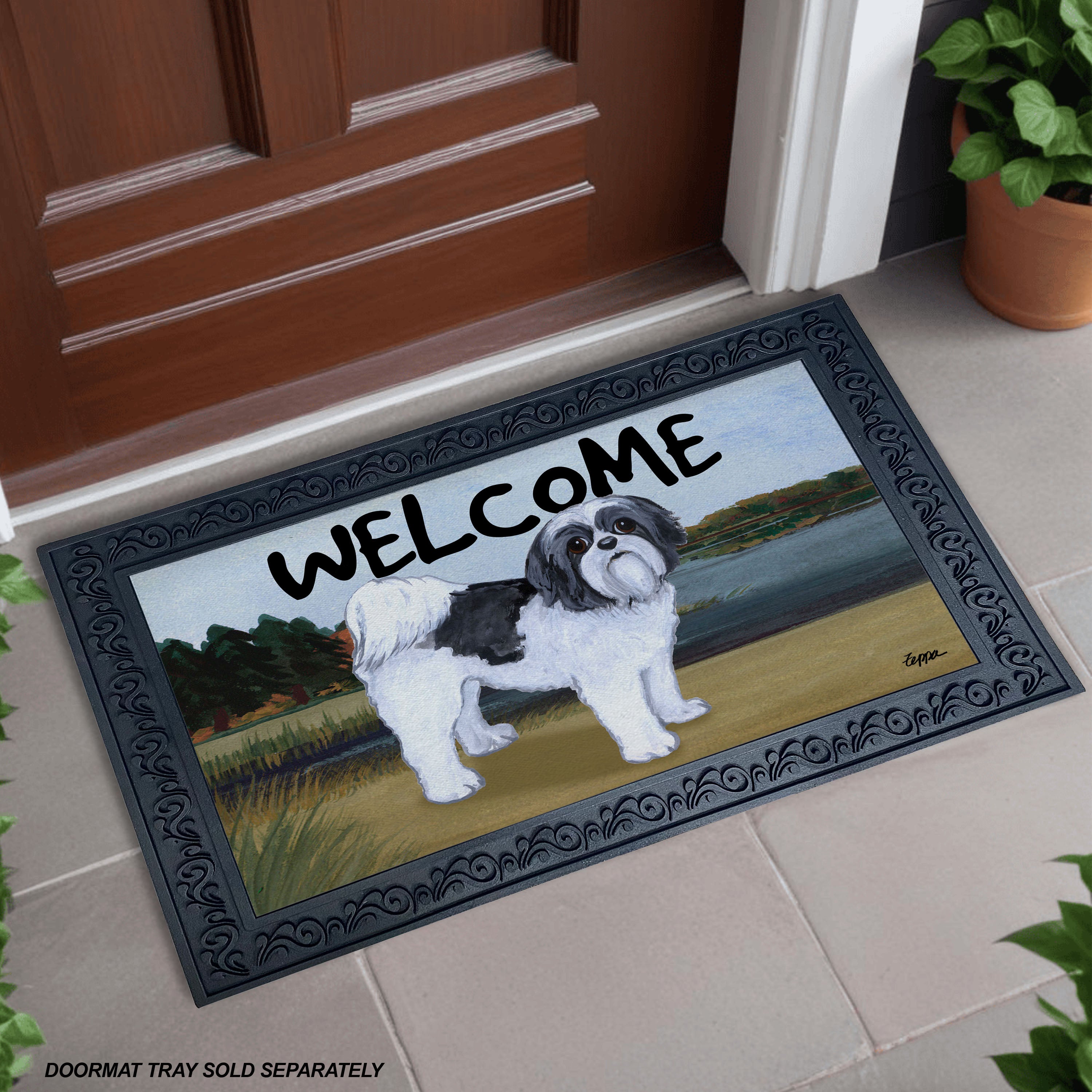 Shih Tzu Puppy Clip Lake Scene Welcome Mat