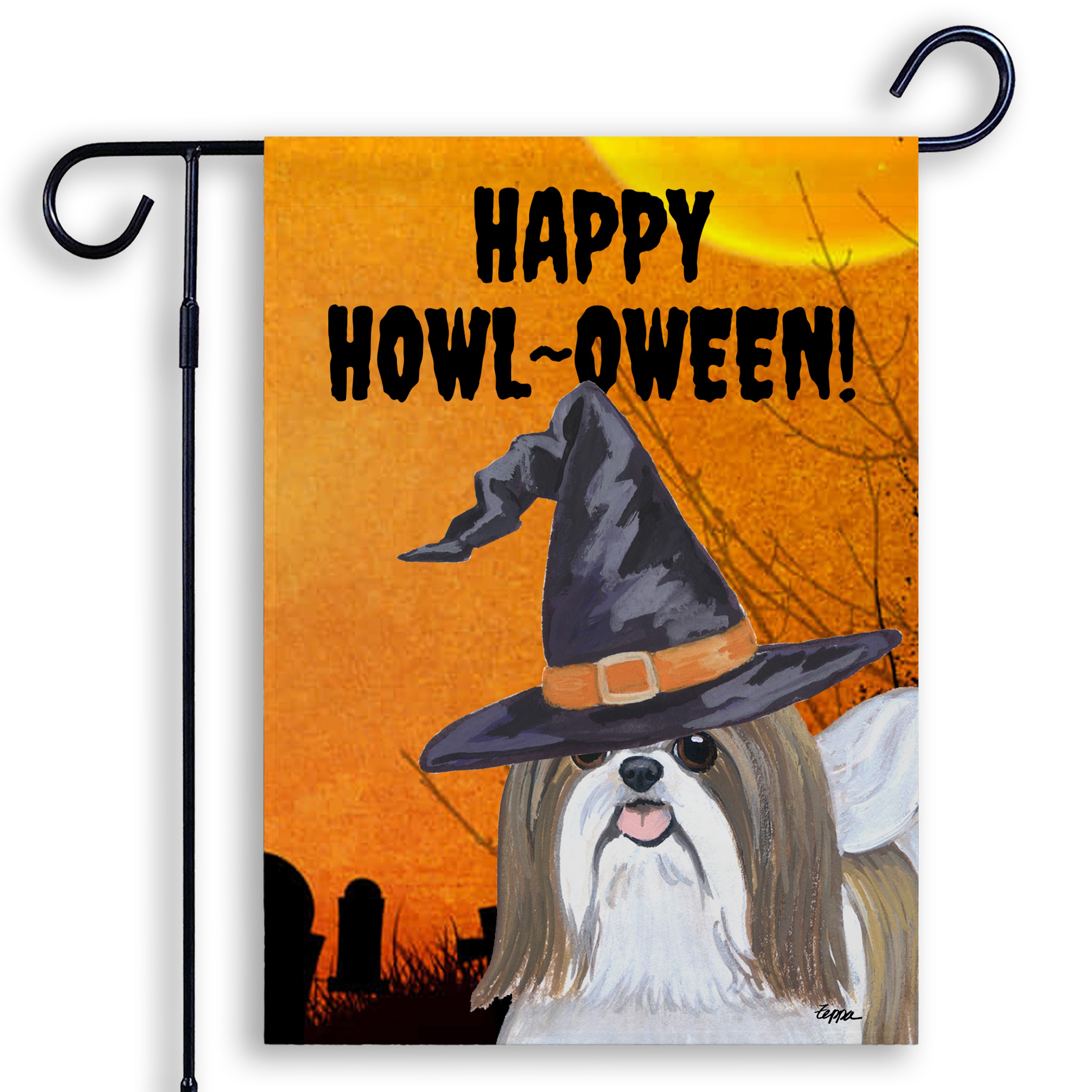 Halloween-themed garden flag with a Shih Tzu wearing a witch hat and 'Happy Howl-Oween!' text on an orange background.