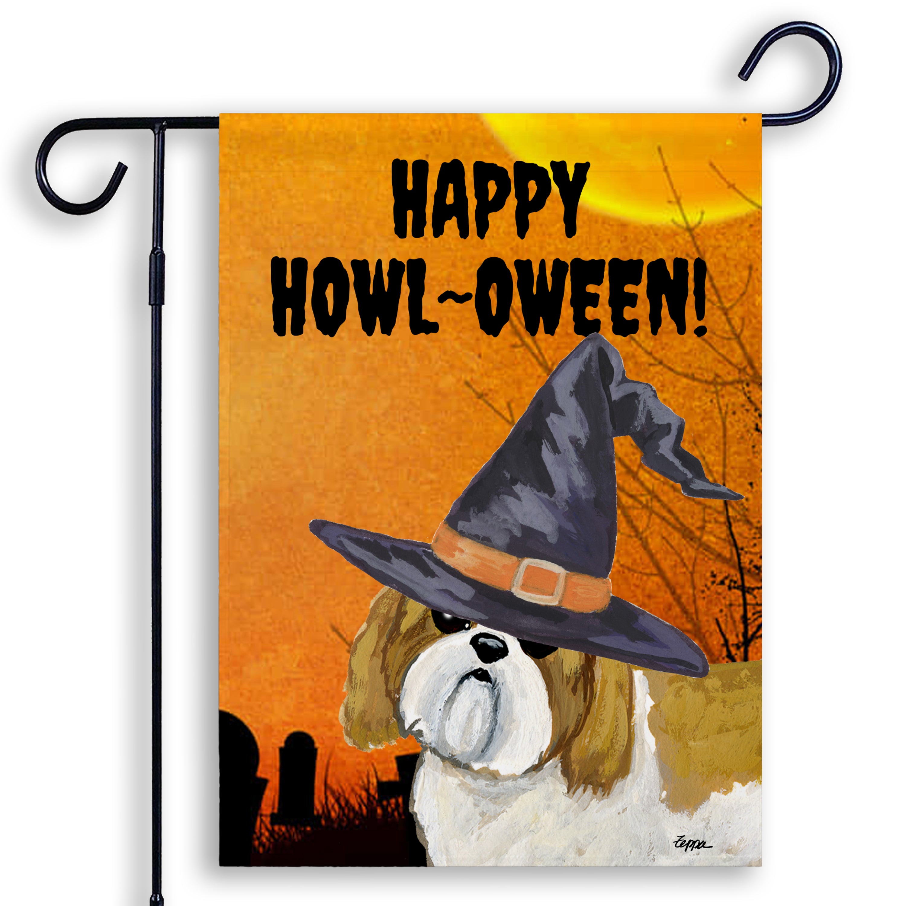 Halloween-themed garden flag with a Shih Tzu wearing a witch hat and 'Happy Howl-Oween!' text on an orange background.