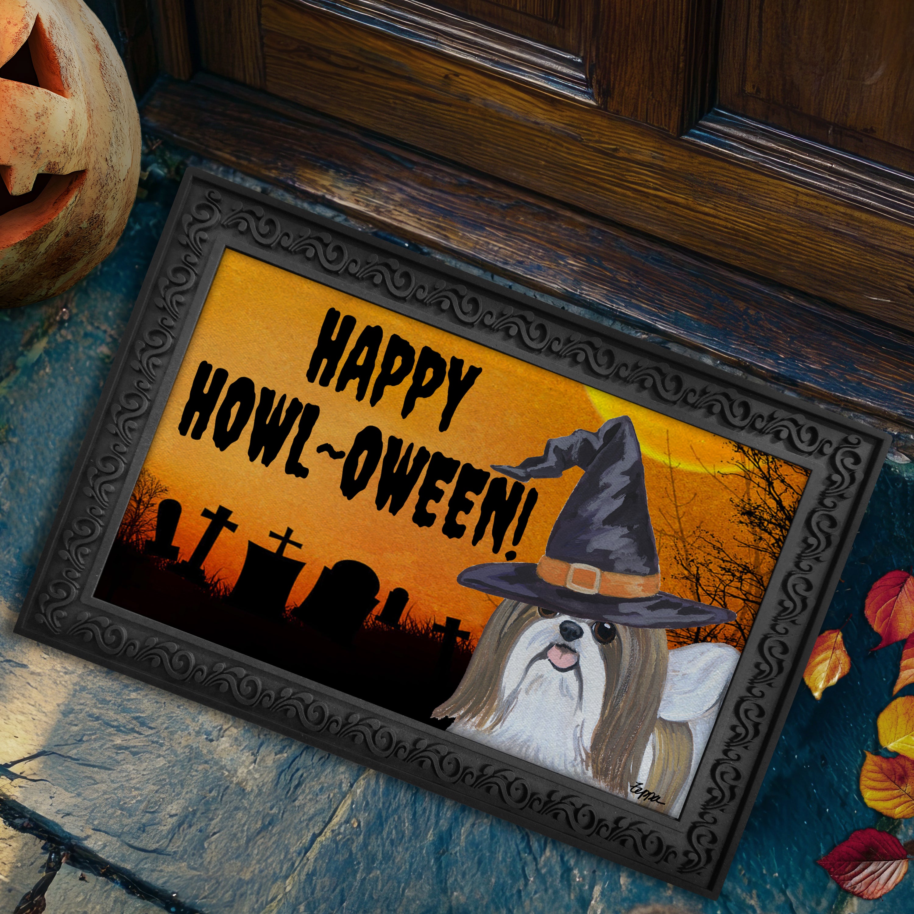 Halloween-themed doormat with a Shih Tzu wearing a witch hat and 'Happy Howl-Oween!' text.