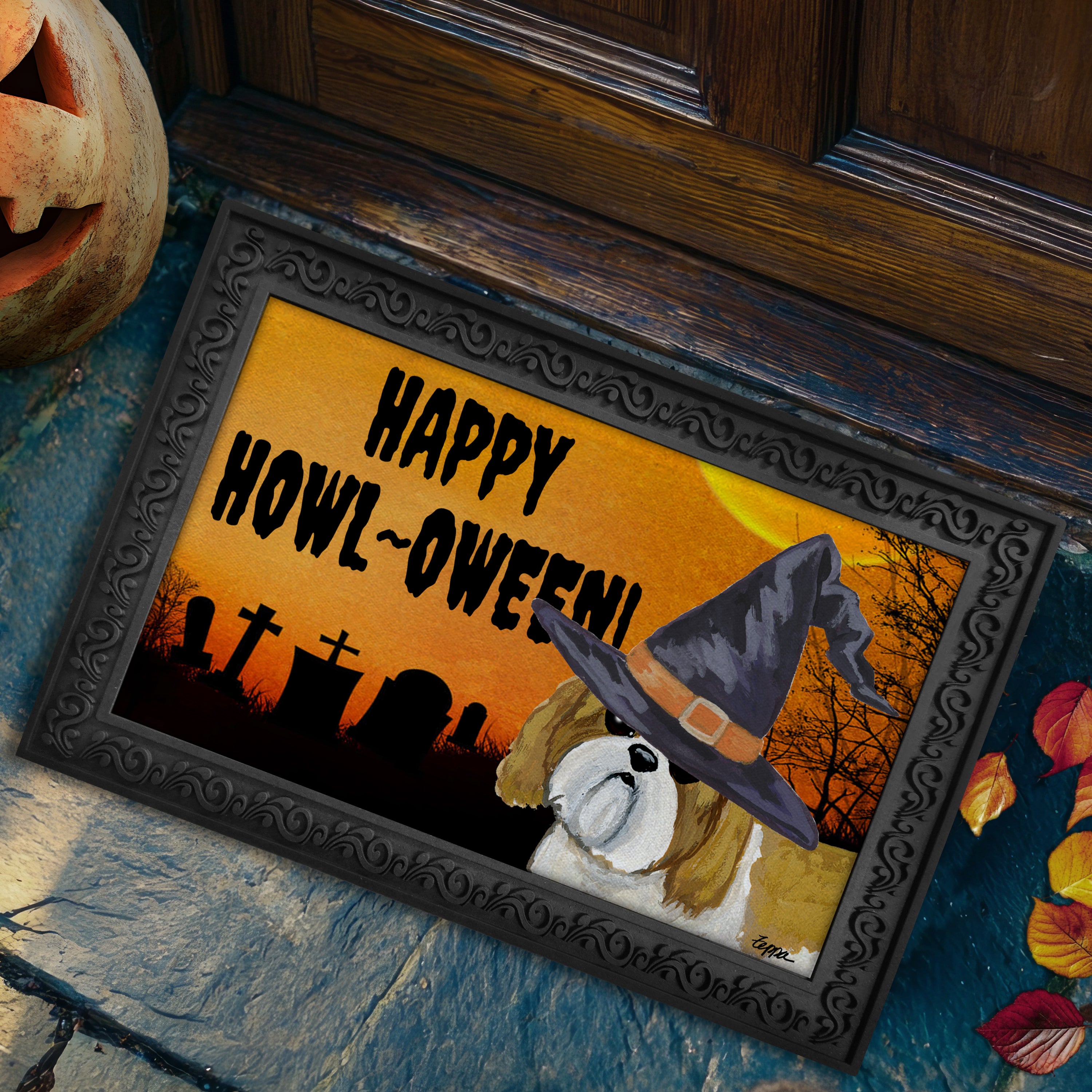 Halloween-themed doormat with a Shih Tzu wearing a witch hat and 'Happy Howl-Oween!' text.