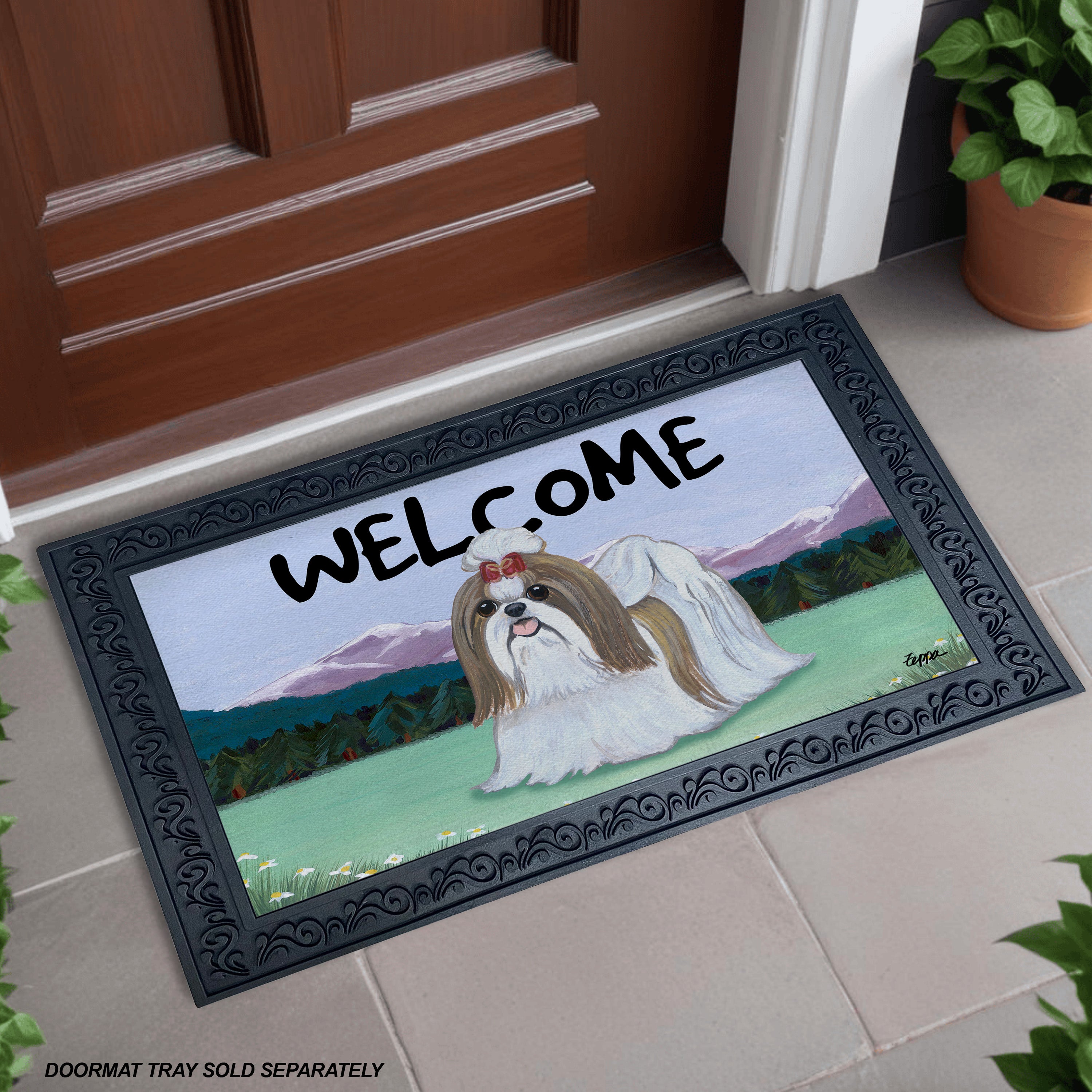 Tan and White Shih Tzu Mountain Scene Welcome Mat