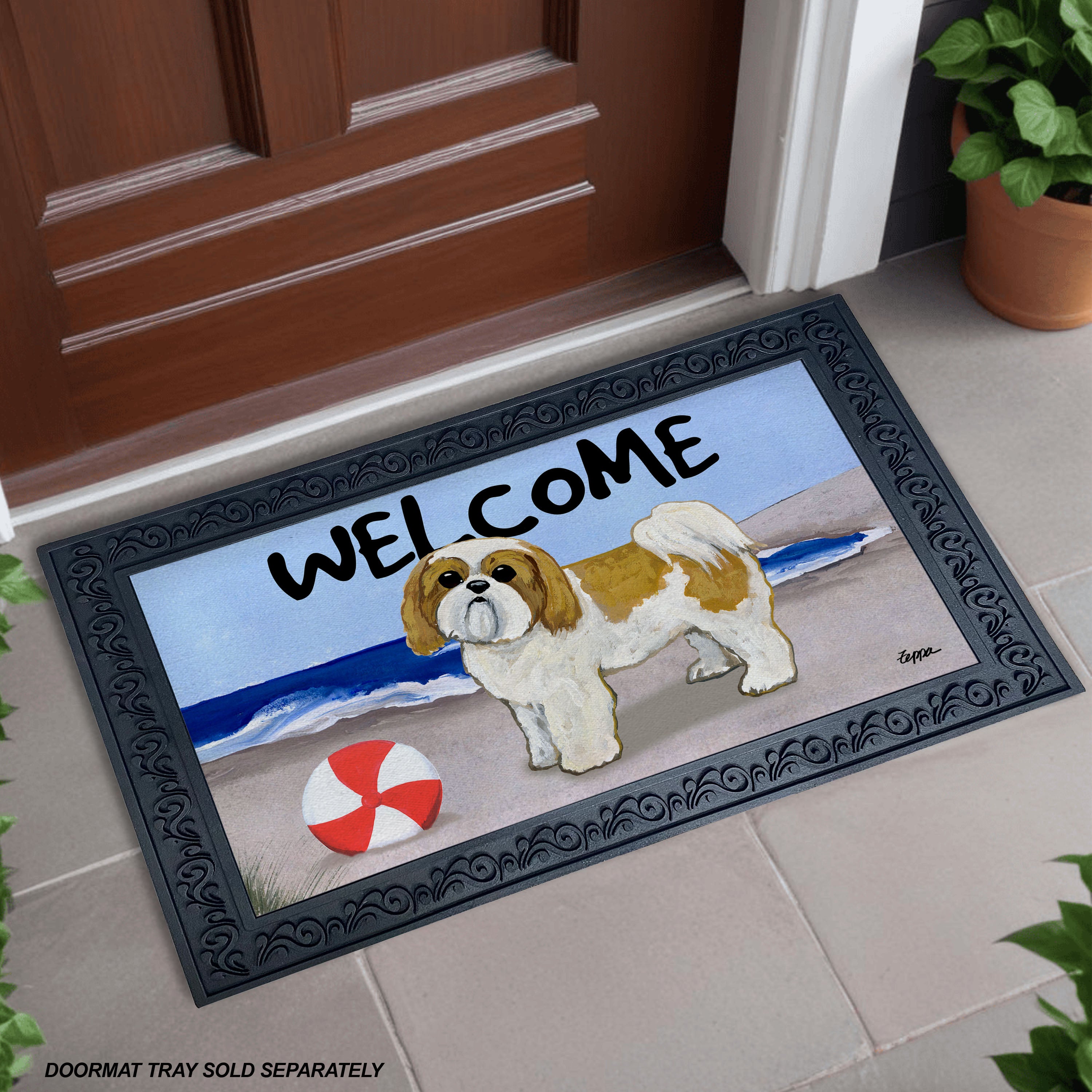 Tan and White Shih Tzu Puppy Clip Beach Scene Welcome Mat