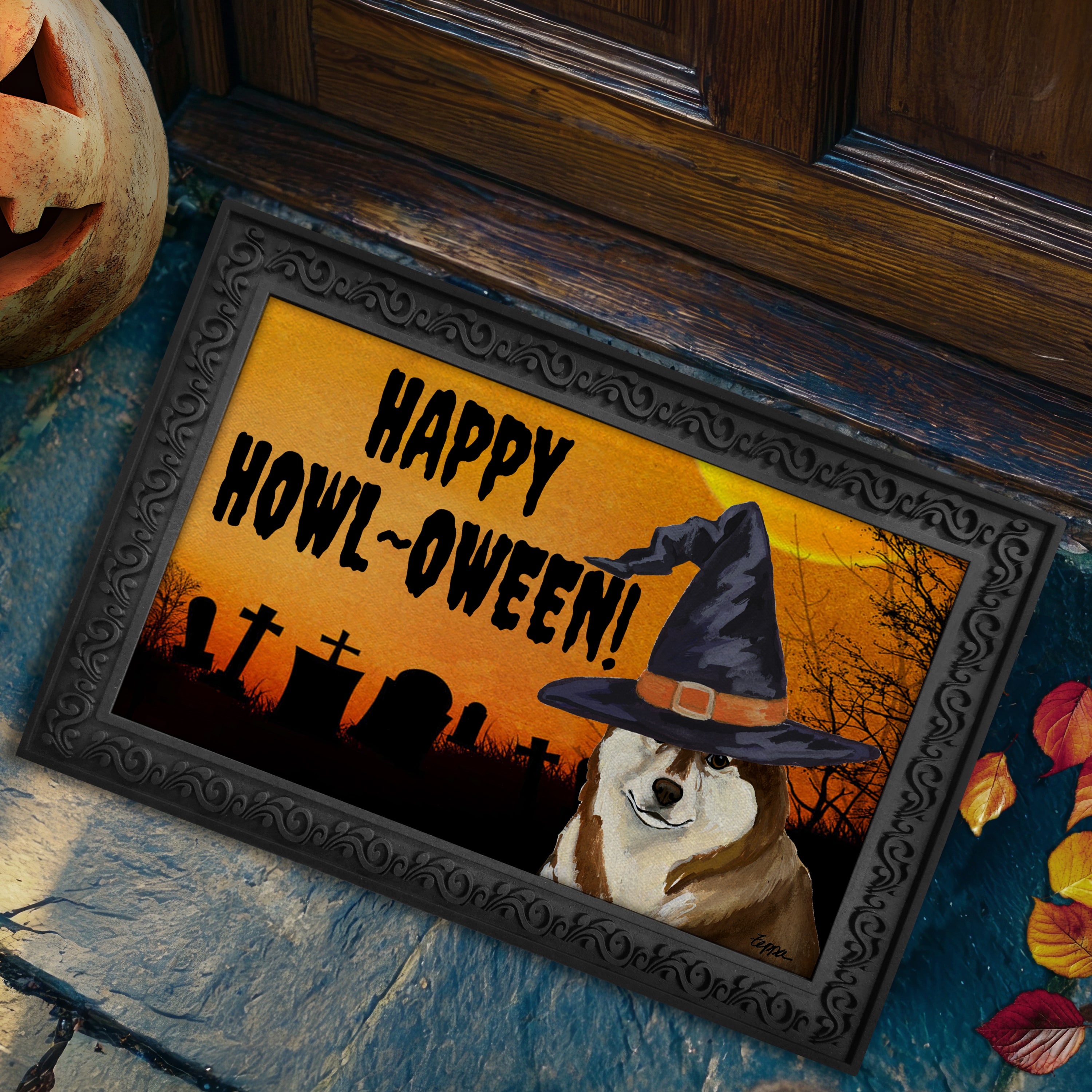 Halloween-themed doormat with a Siberian Husky wearing a witch hat and 'Happy Howl-Oween!' text.