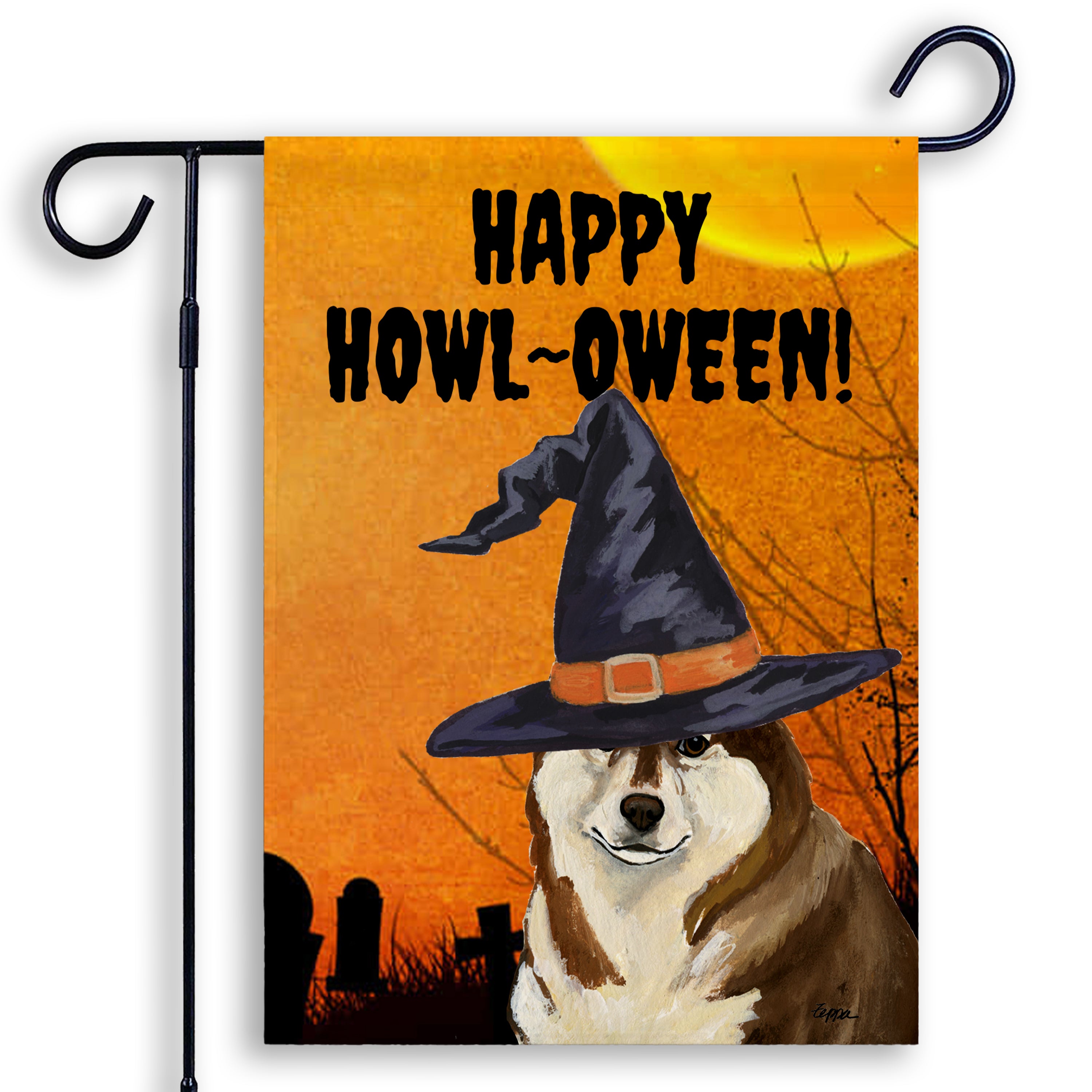 Halloween-themed garden flag with a Siberian Husky wearing a witch hat and 'Happy Howl-Oween!' text on an orange background.