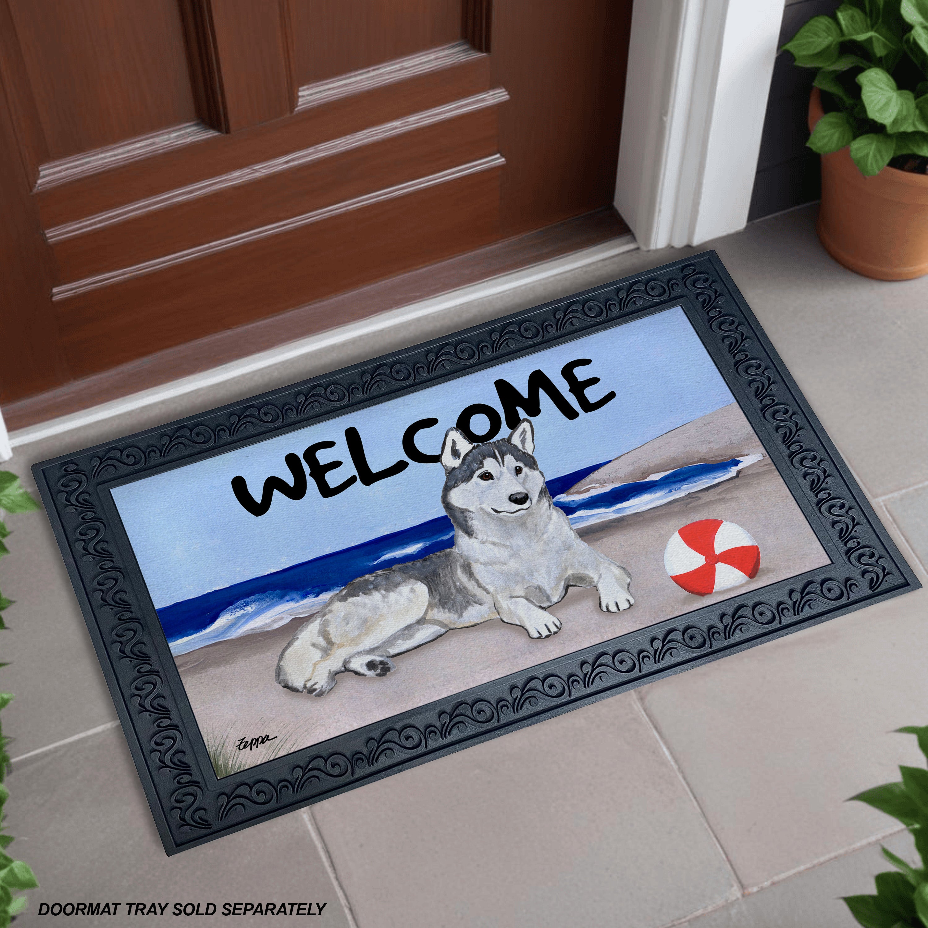 Siberian Husky Beach Scene Welcome Mat