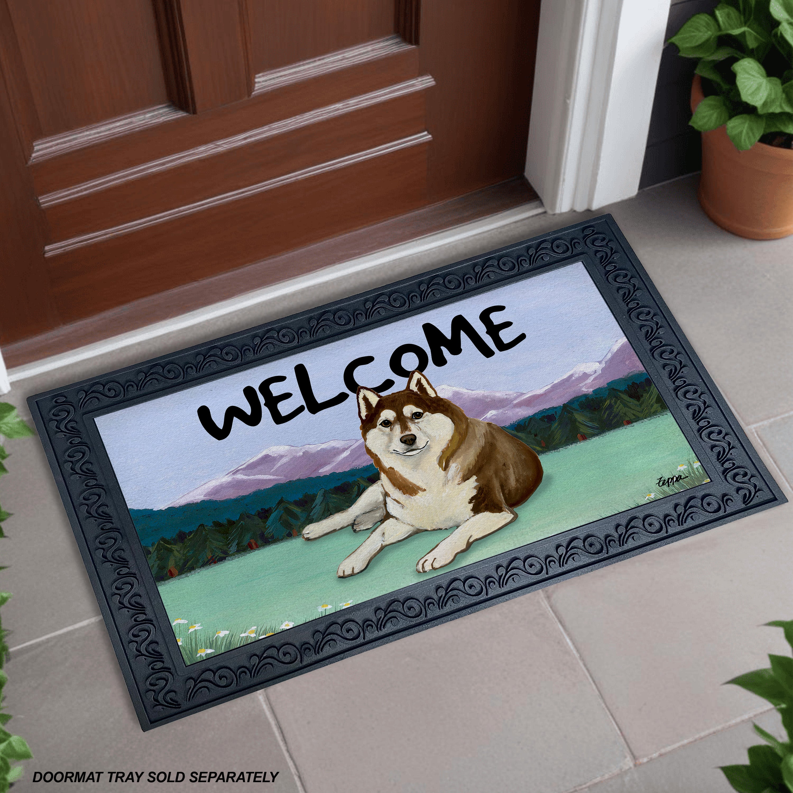 Brown and White Siberian Husky Mountain Scene Welcome Mat