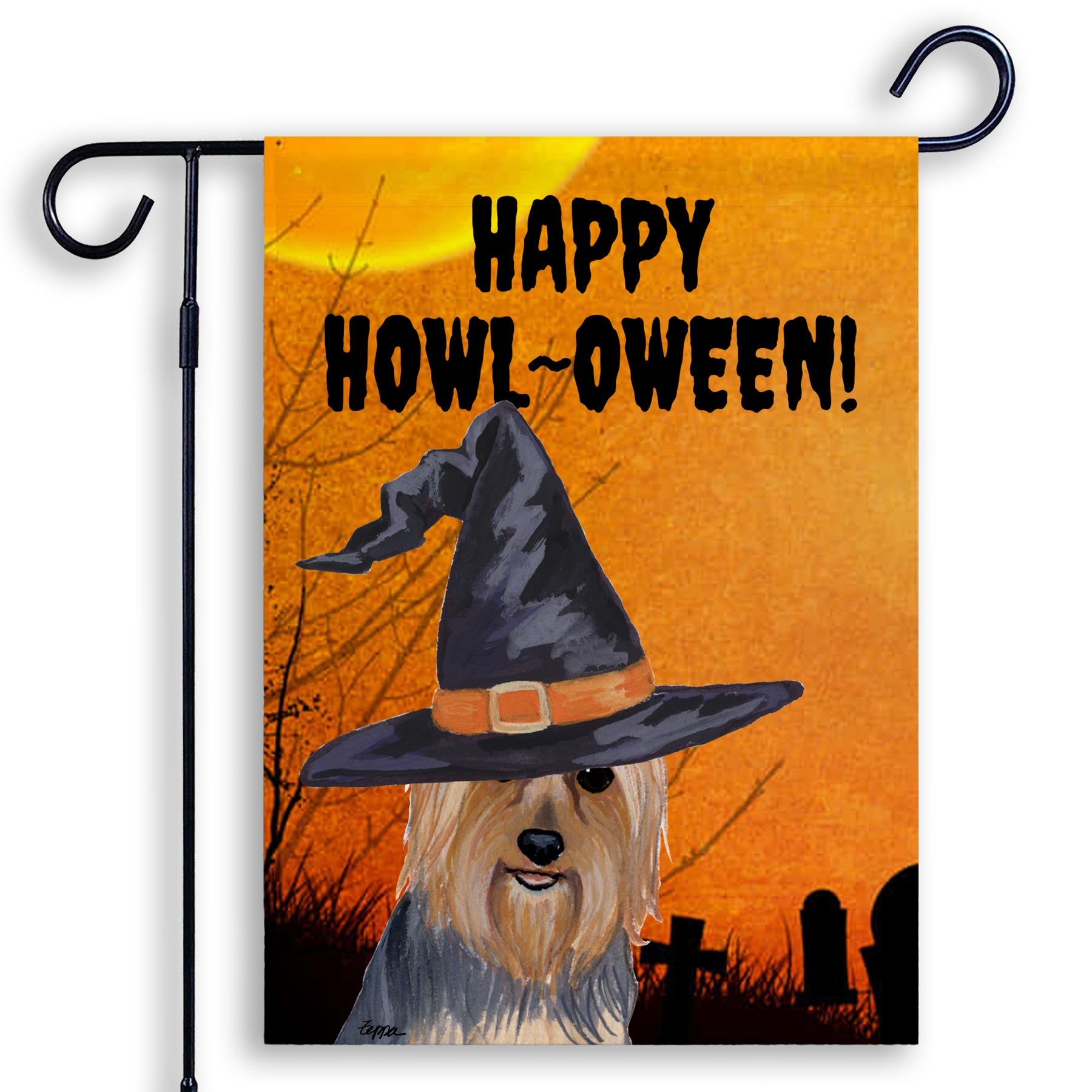 Halloween-themed garden flag with a Silky Terrier wearing a witch hat and 'Happy Howl-Oween!' text on an orange background.