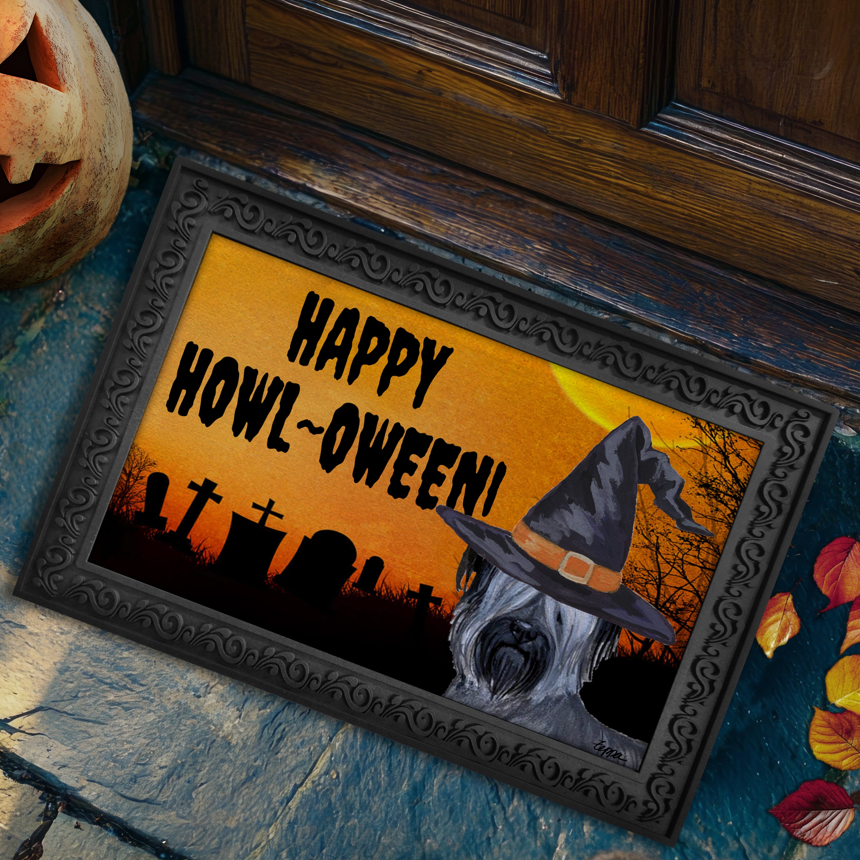 Halloween-themed doormat with a Skye Terrier wearing a witch hat and 'Happy Howl-Oween!' text.