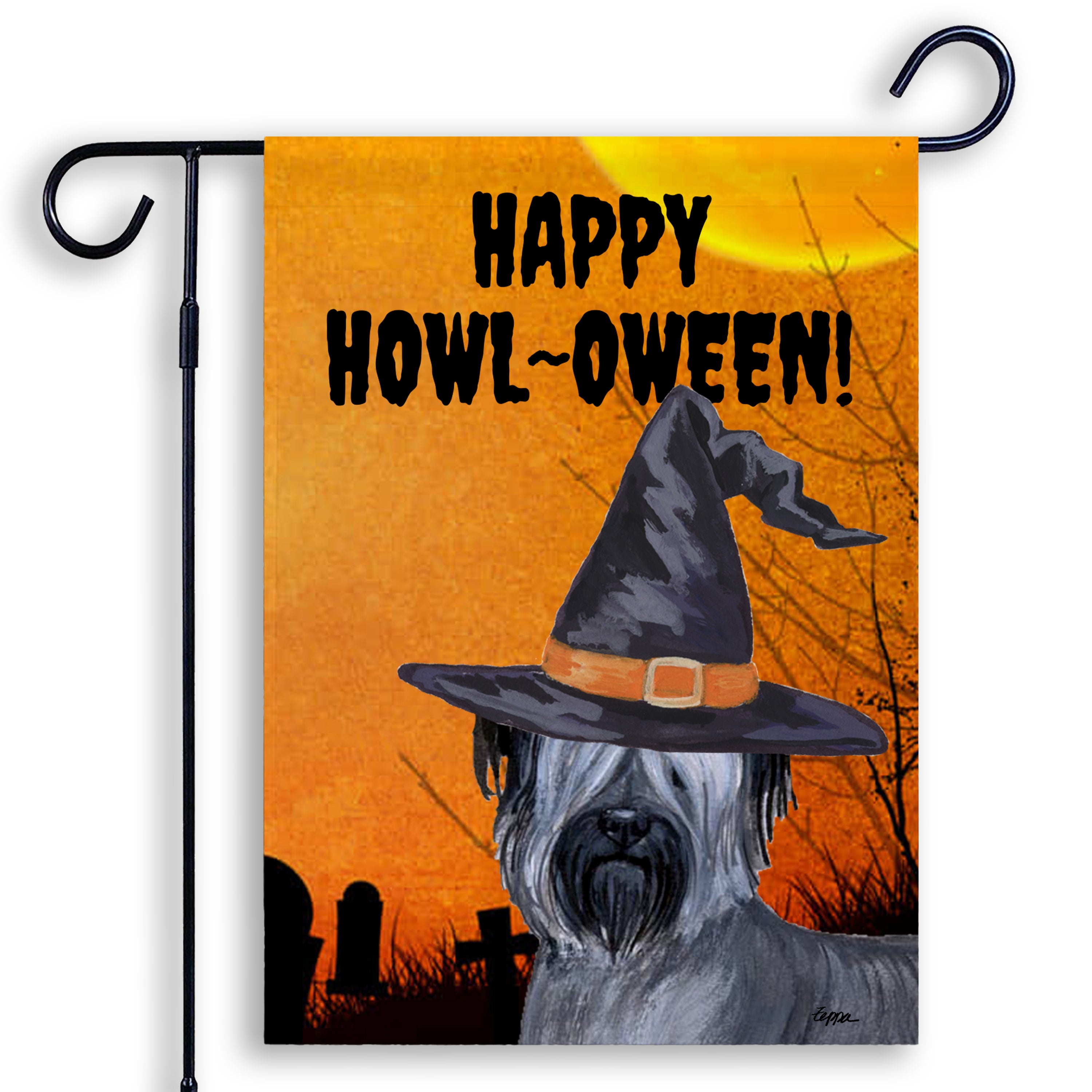 Halloween-themed garden flag with a Skye Terrier wearing a witch hat and 'Happy Howl-Oween!' text on an orange background.