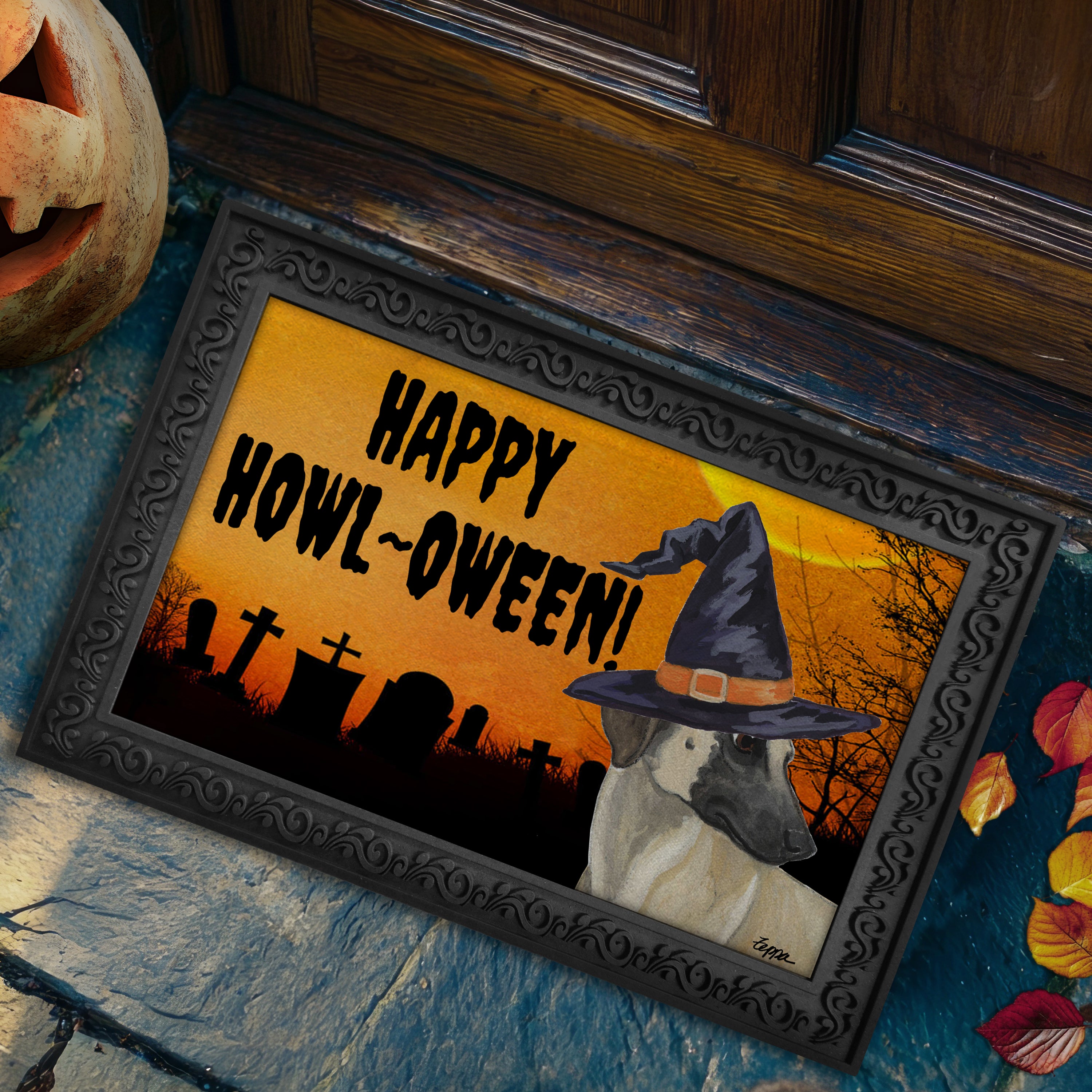 Halloween-themed doormat with a Sloughi wearing a witch hat and 'Happy Howl-Oween!' text.