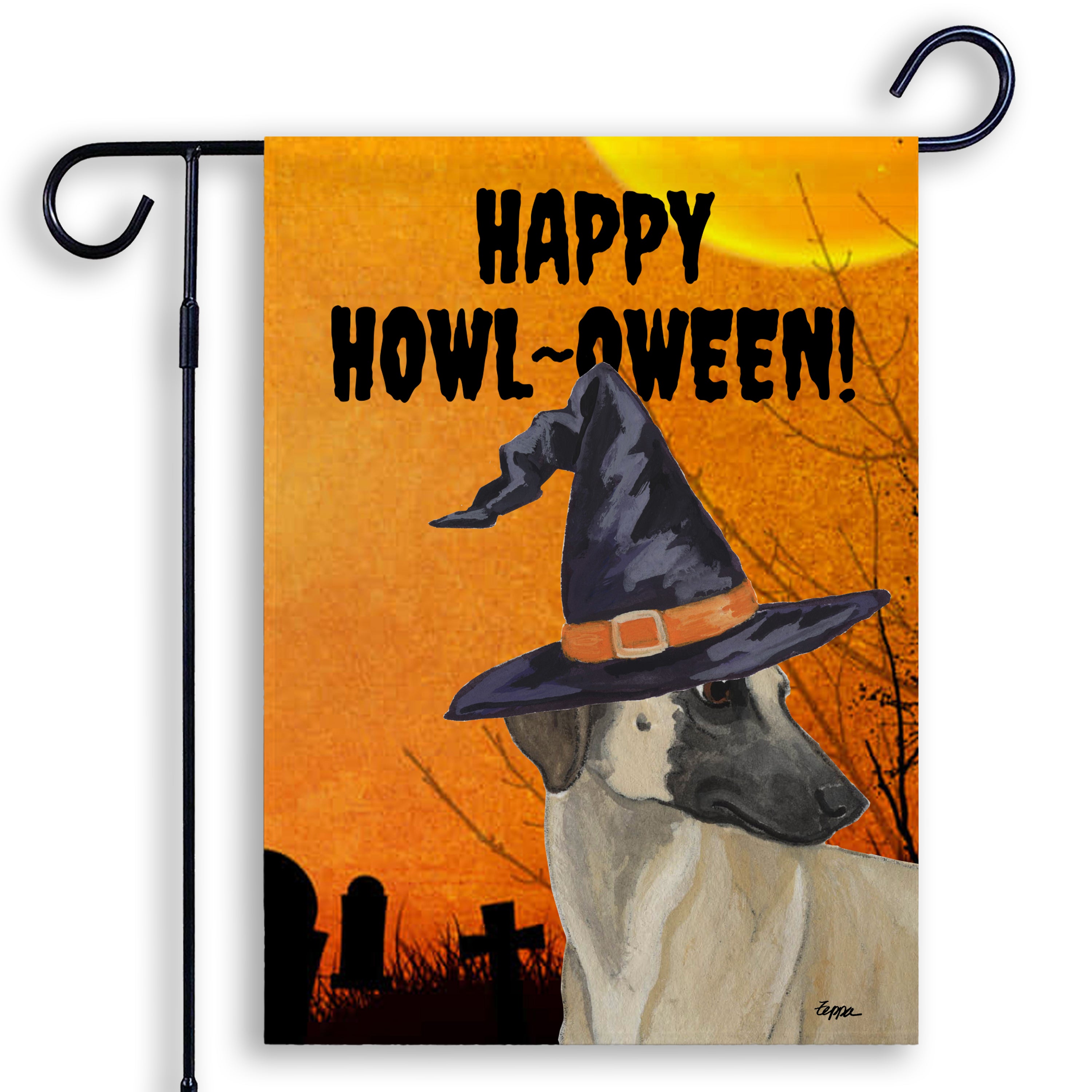 Halloween-themed garden flag with a Sloughi wearing a witch hat and 'Happy Howl-O-Ween!' text.