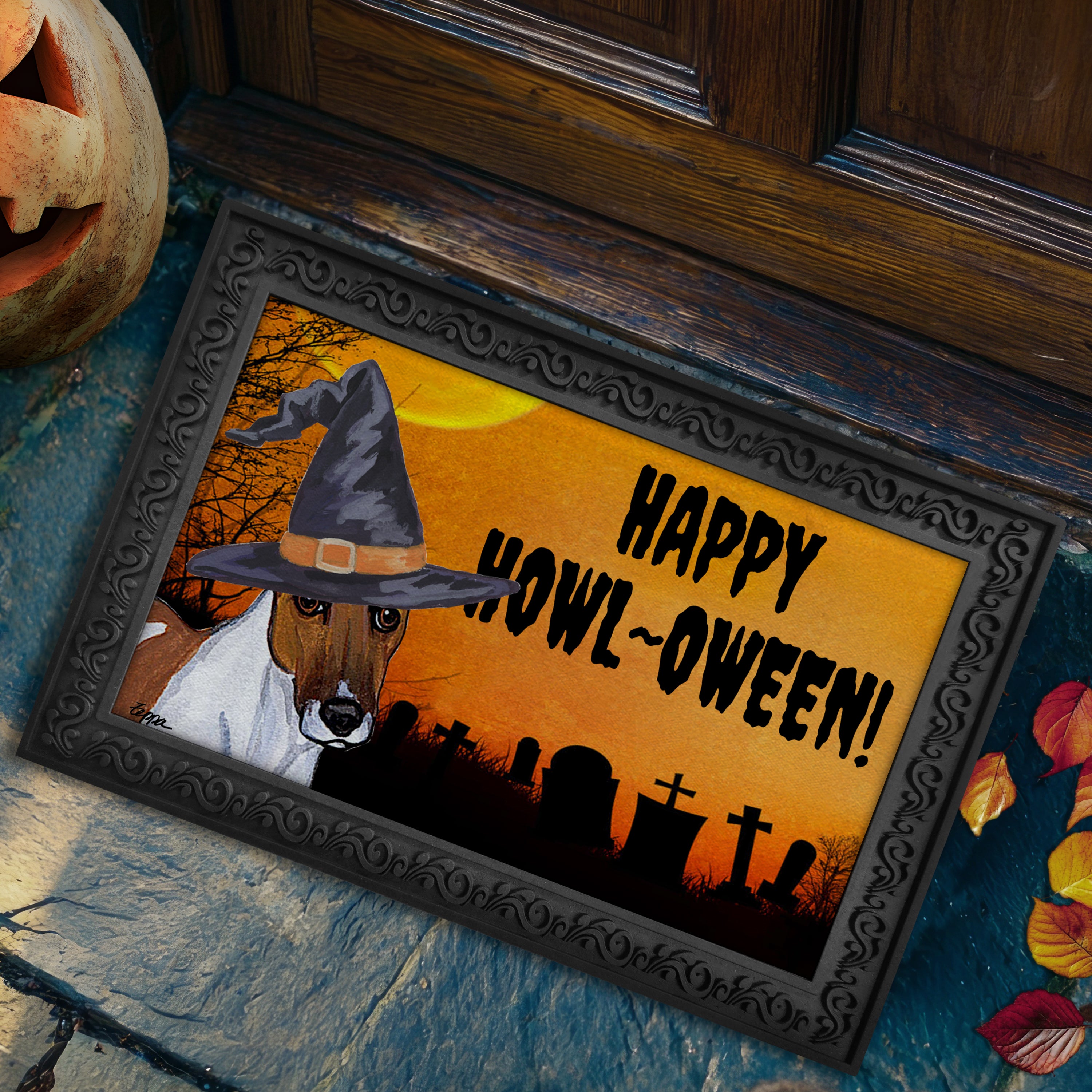 Halloween-themed doormat with a Smooth Fox Terrier wearing a witch hat and 'Happy Howl-Oween!' text.