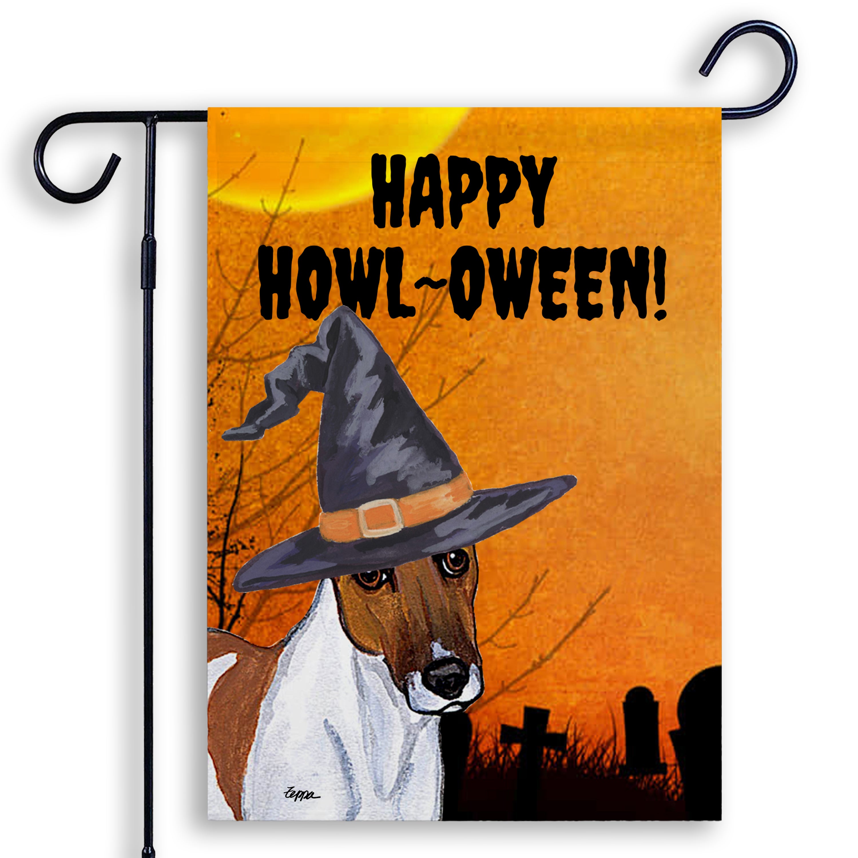 Halloween-themed garden flag with a Smooth Fox Terrier wearing a witch hat and 'Happy Howl-Oween!' text on an orange background.