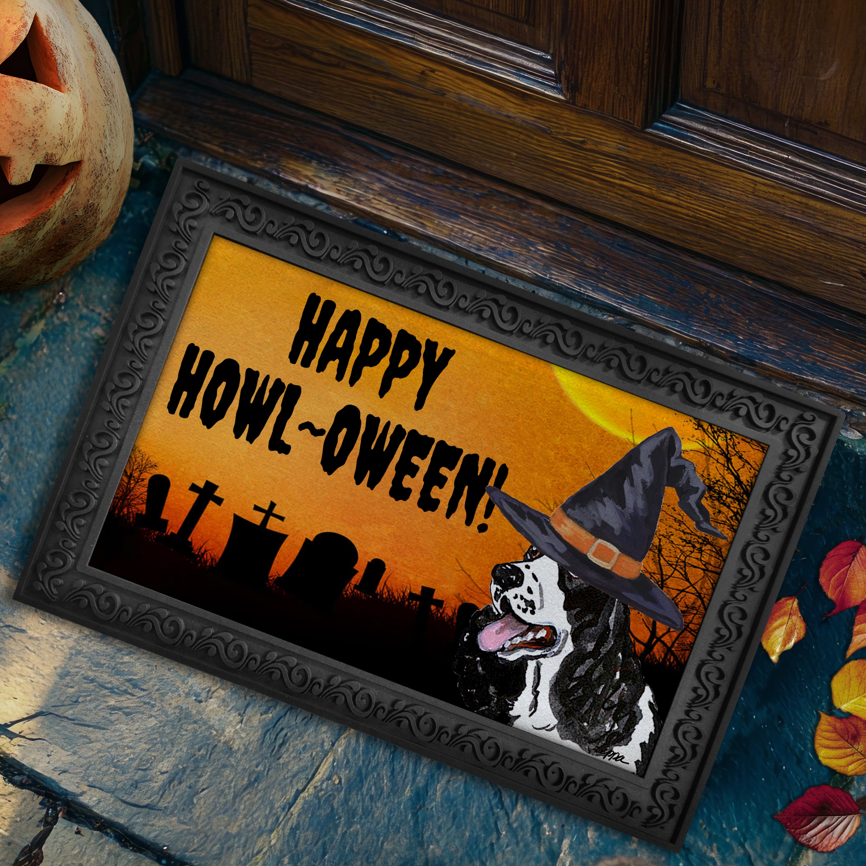 Halloween-themed doormat with a Springer Spaniel wearing a witch hat and 'Happy Howl-Oween!' text.
