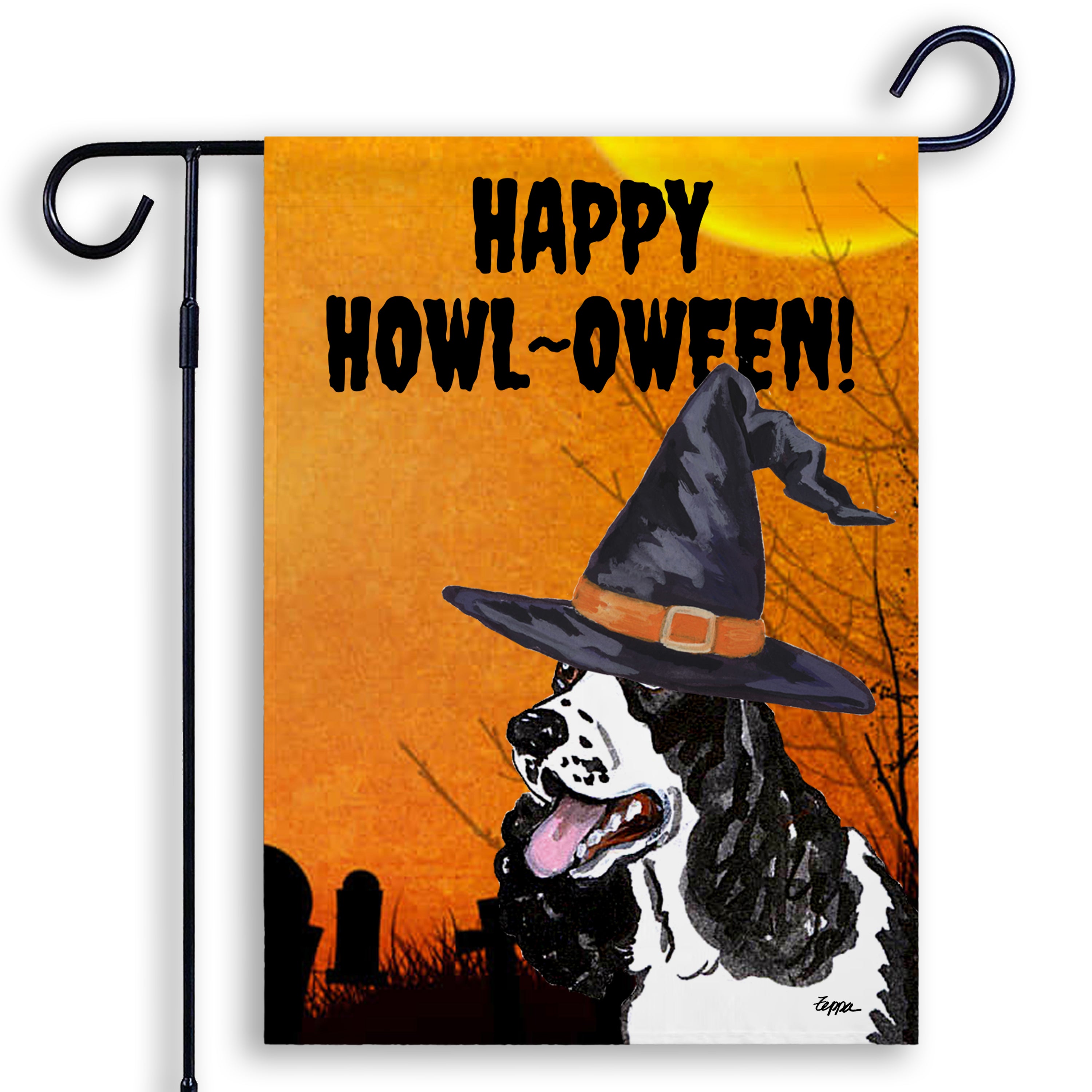 Halloween-themed garden flag with a Springer Spaniel wearing a witch hat and 'Happy Howl-Oween!' text on an orange background.