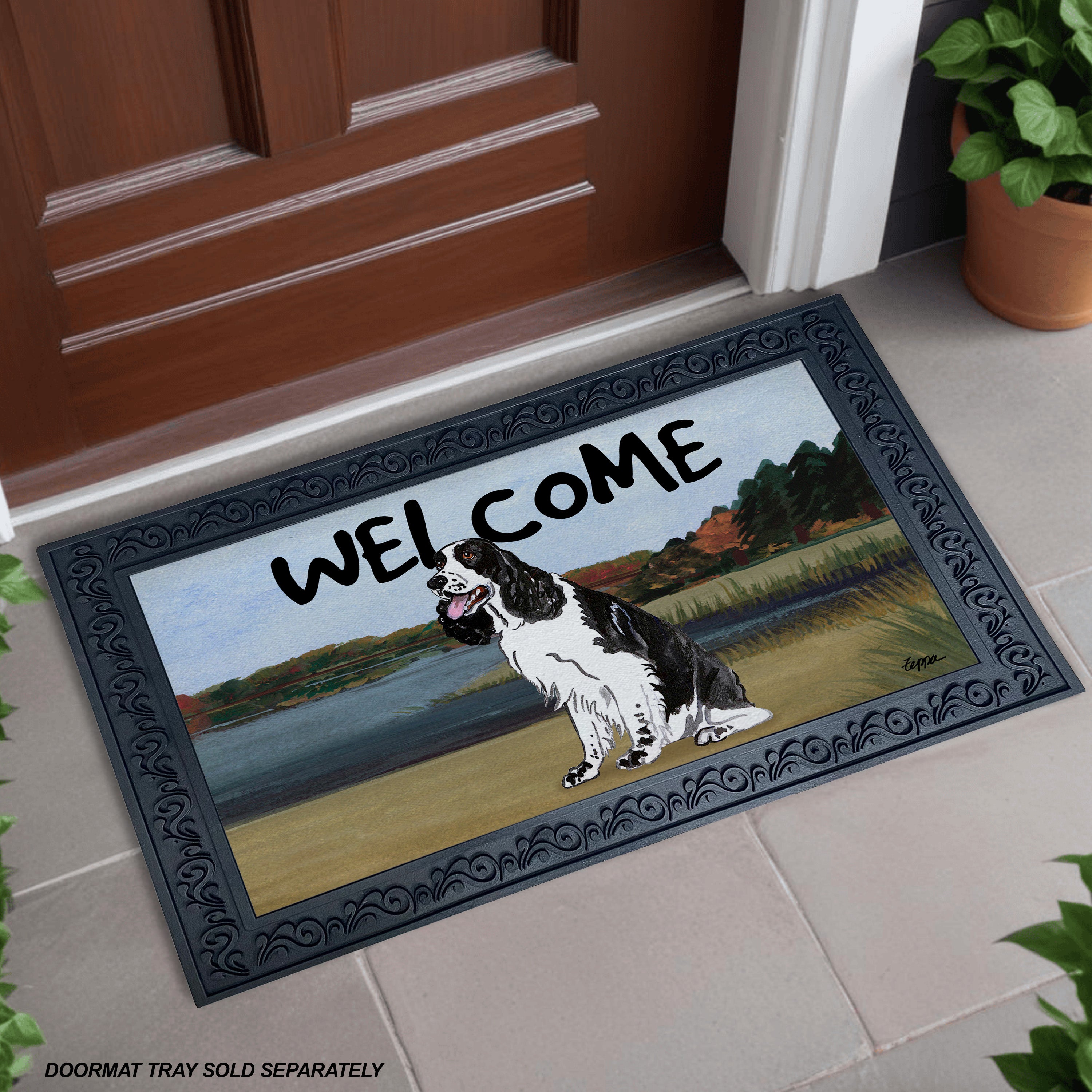 Black and White Springer Spaniel Lake Scene Welcome Mat