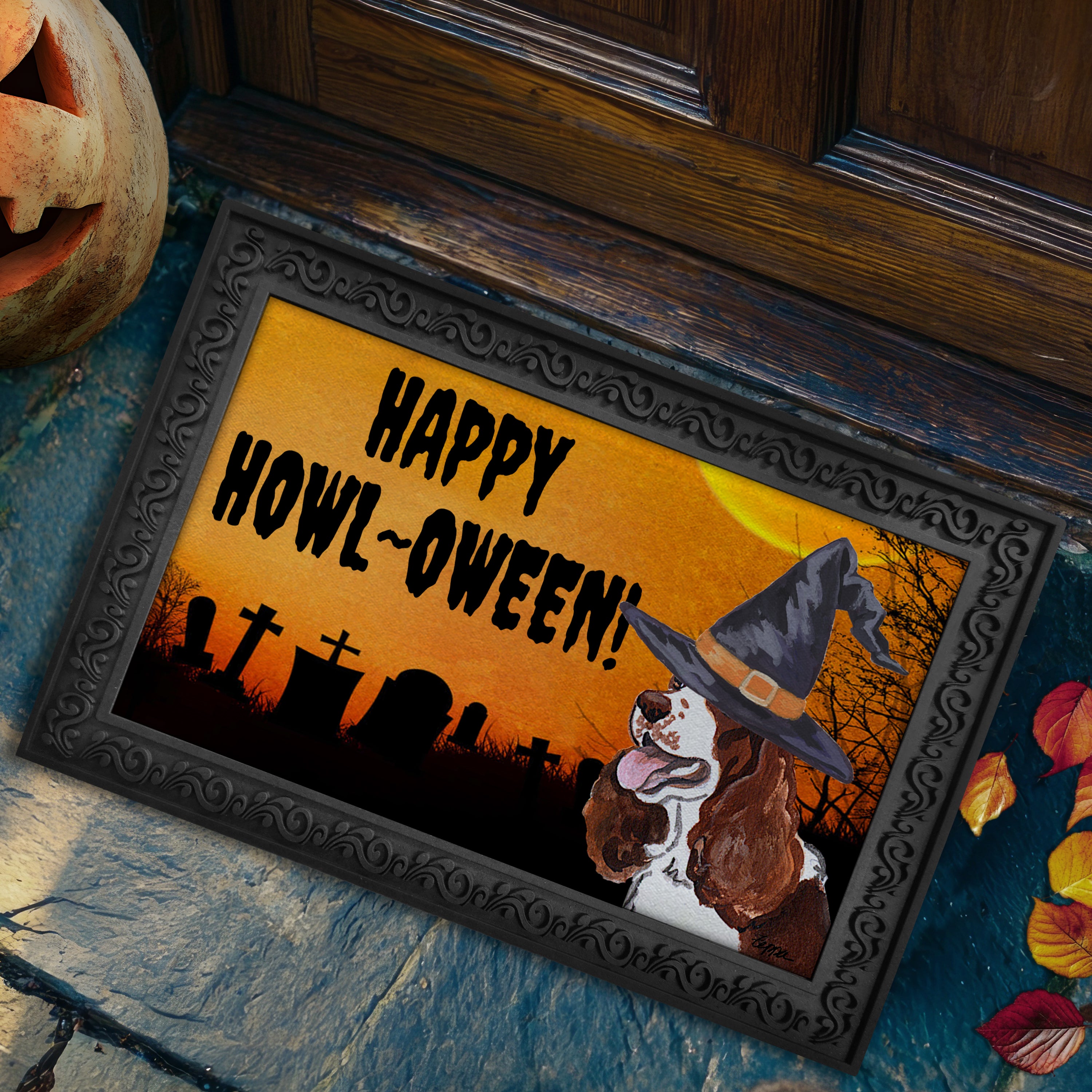 Halloween-themed doormat with a Springer Spaniel wearing a witch hat and 'Happy Howl-Oween!' text.