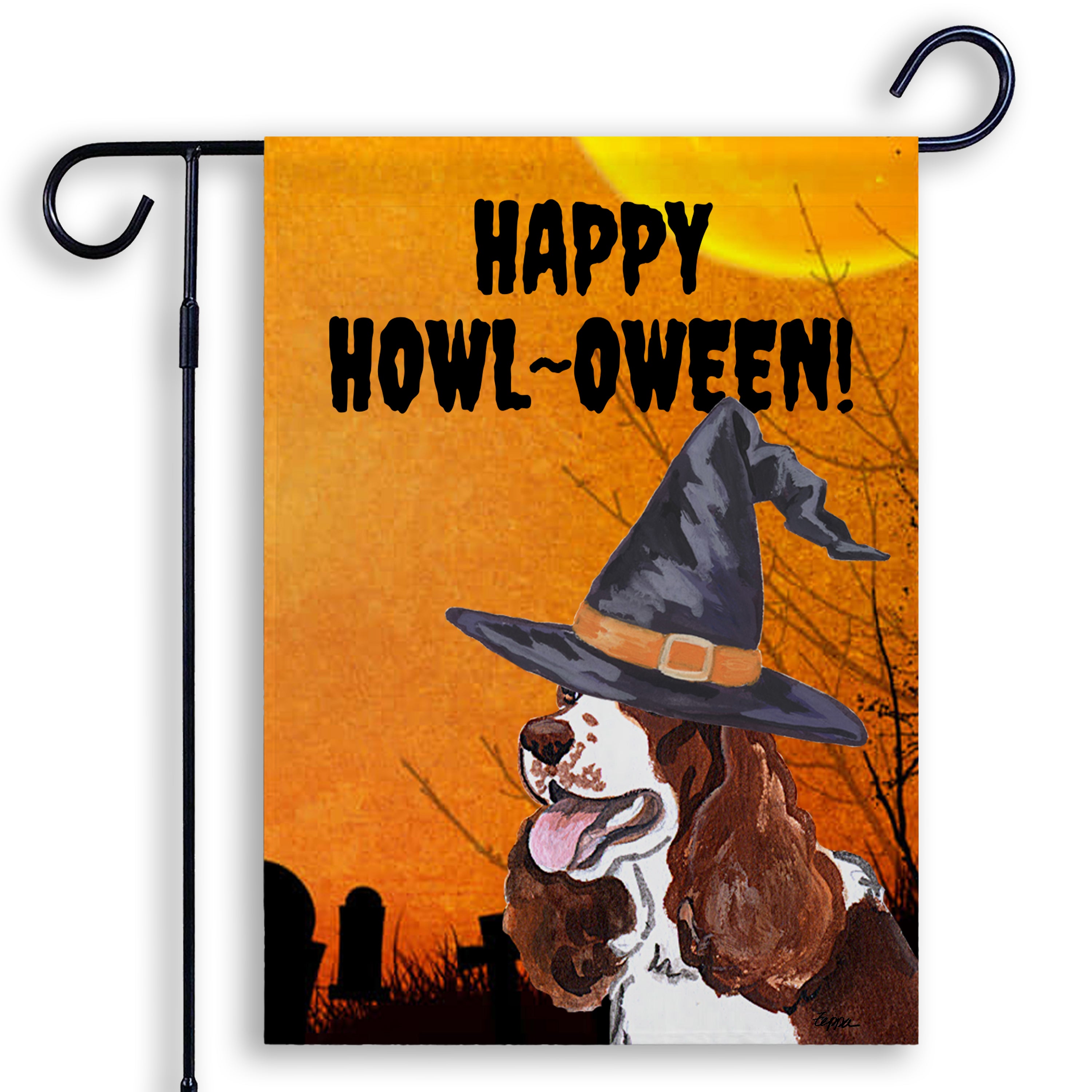 Halloween-themed garden flag with a Springer Spaniel wearing a witch hat and 'Happy Howl-Oween!' text on an orange background.