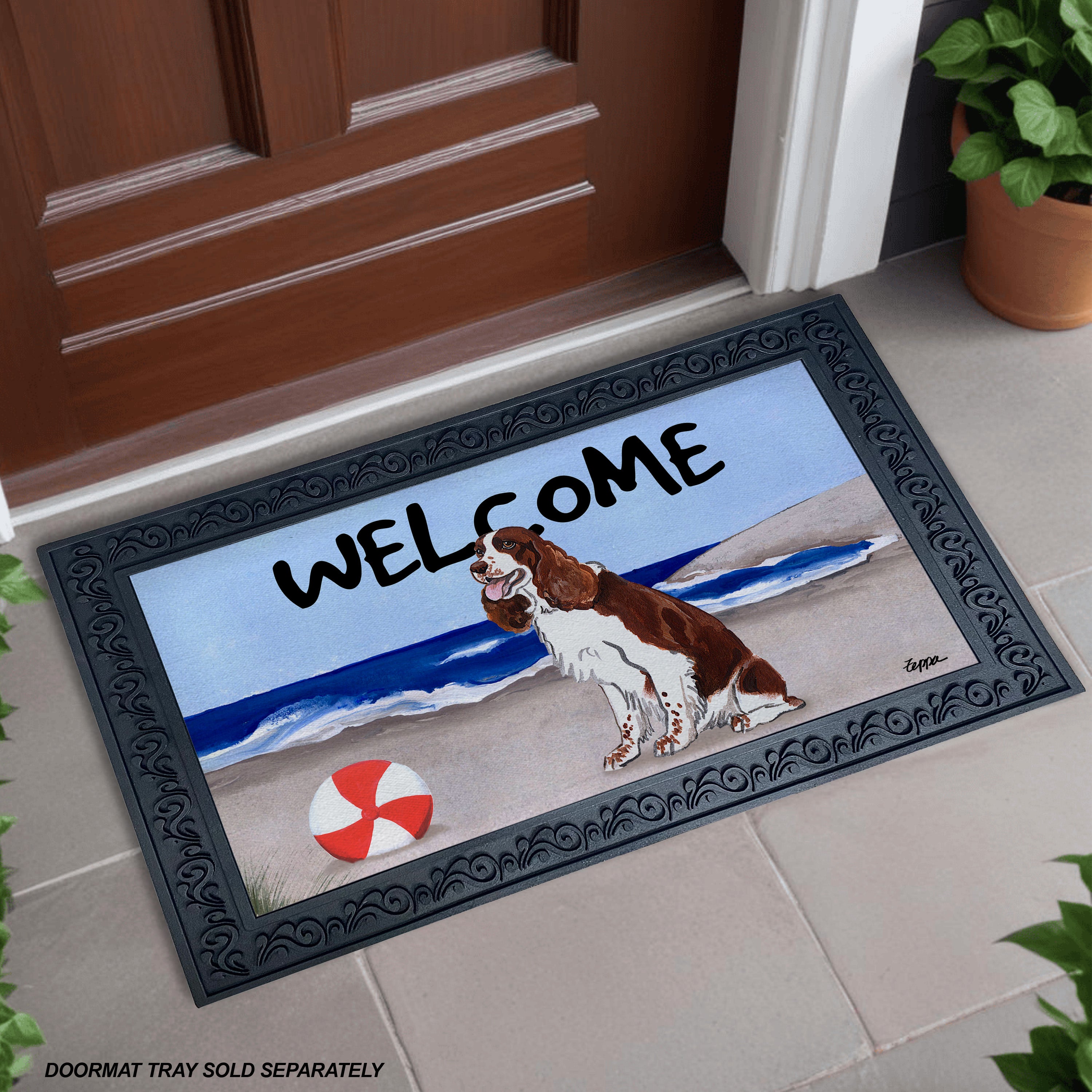 Liver and White Springer Spaniel Beach Scene Welcome Mat