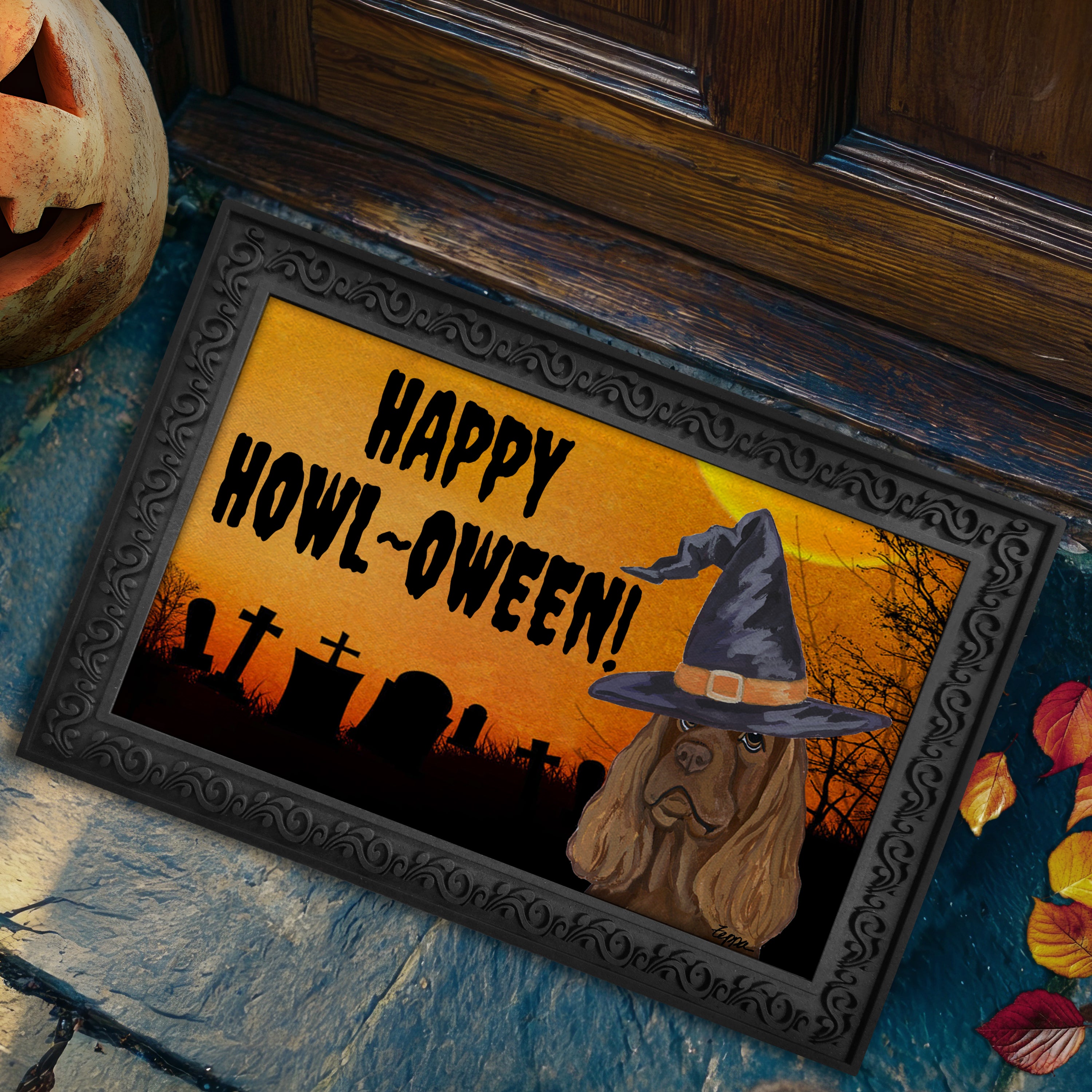 Halloween-themed doormat with a Sussex Spaniel wearing a witch hat and 'Happy Howl-Oween!' text.