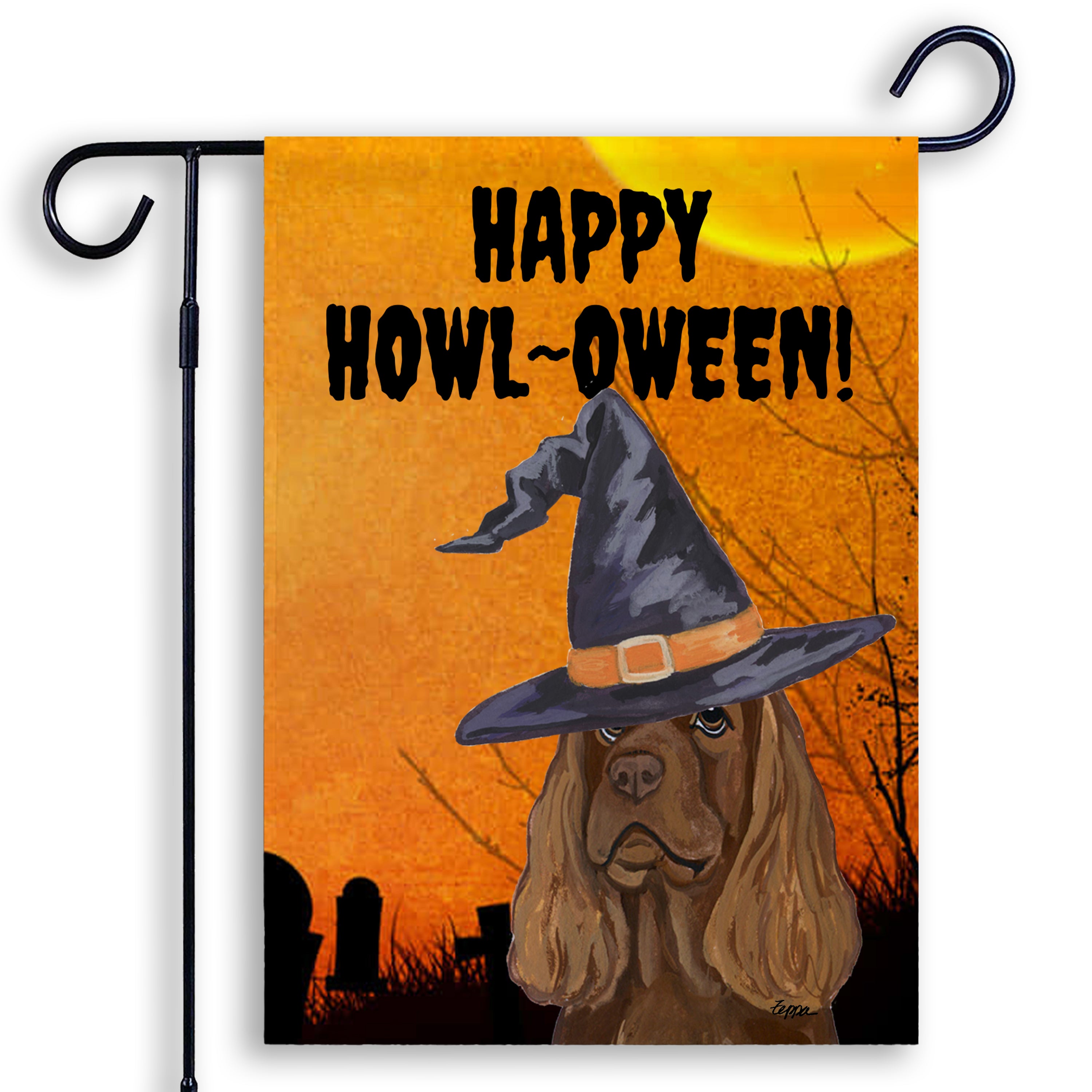 Halloween-themed garden flag with a Sussex Spaniel wearing a witch hat and 'Happy Howl-Oween!' text on an orange background.