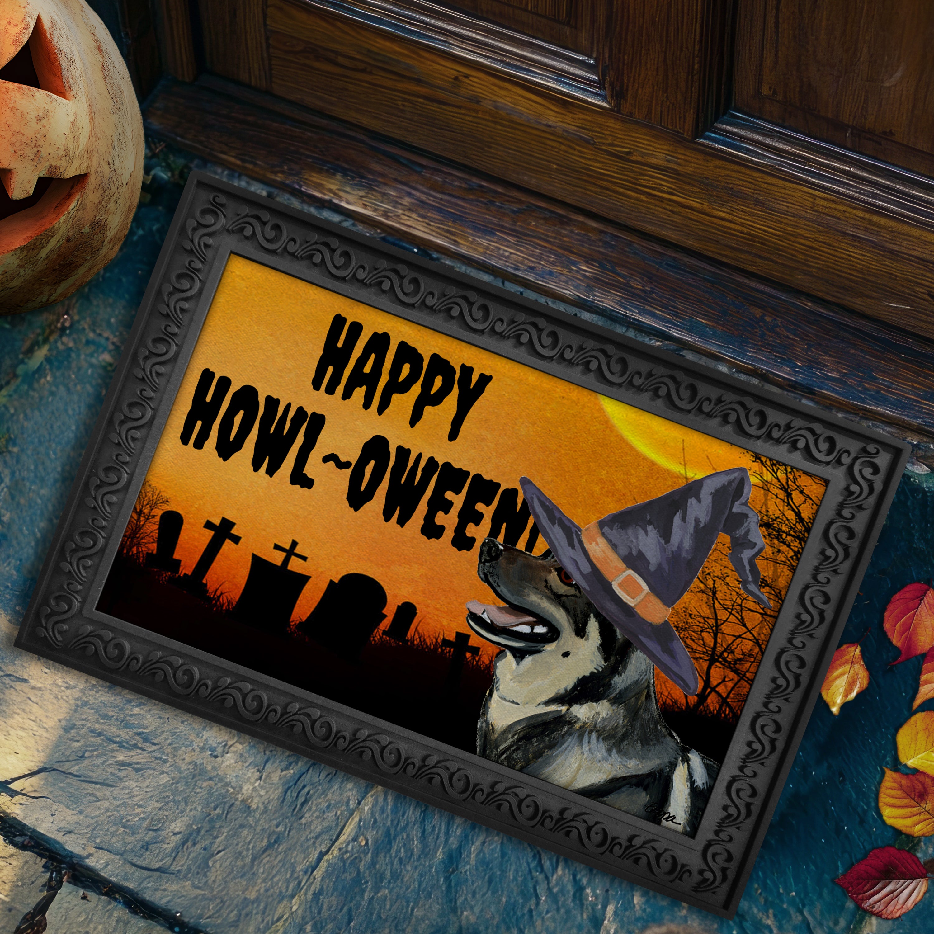 Halloween-themed doormat with a Swedish Valhund wearing a witch hat and 'Happy Howl-Oween!' text.