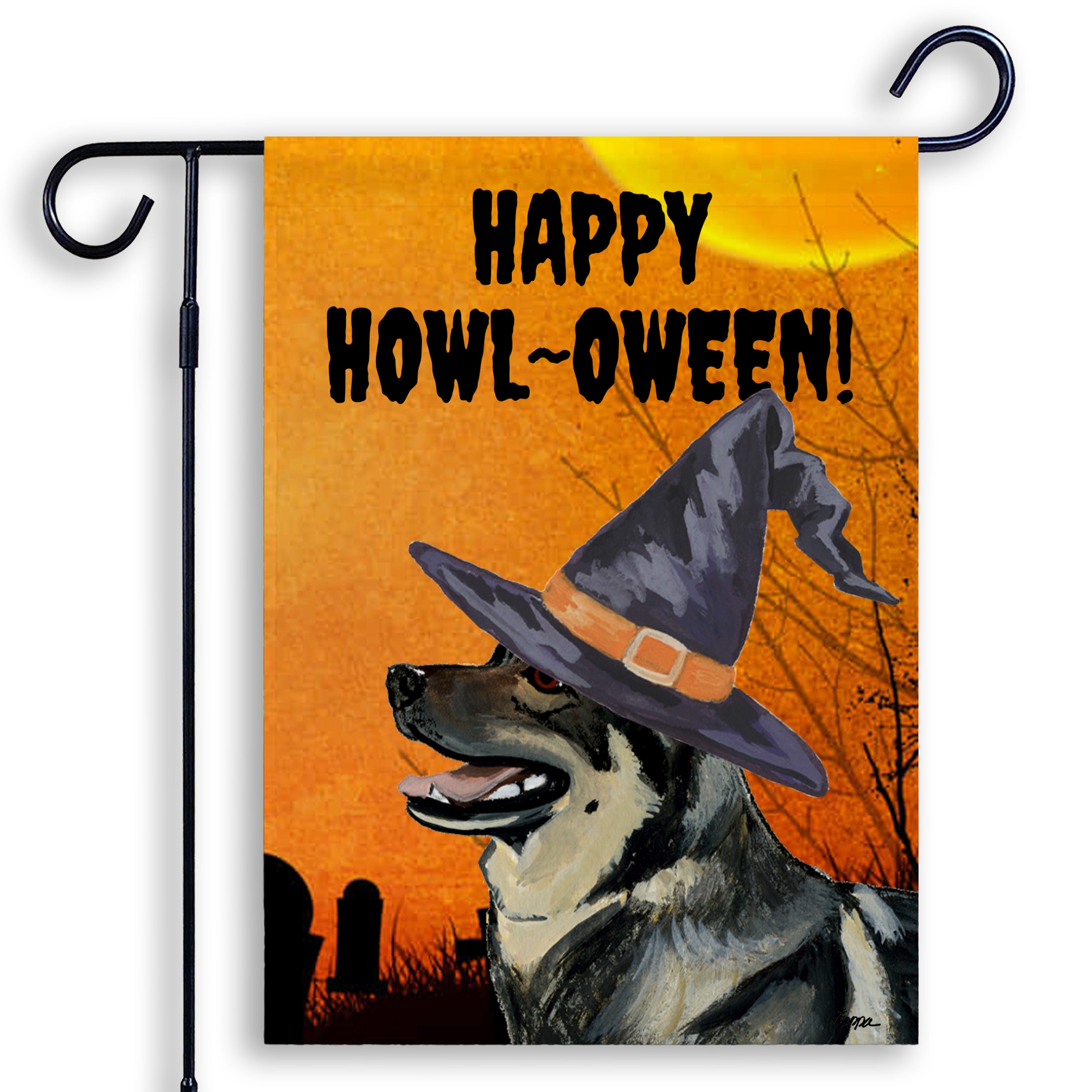 Halloween-themed garden flag with a Swedish Vallhund wearing a witch hat and 'Happy Howl-Oween!' text on an orange background.