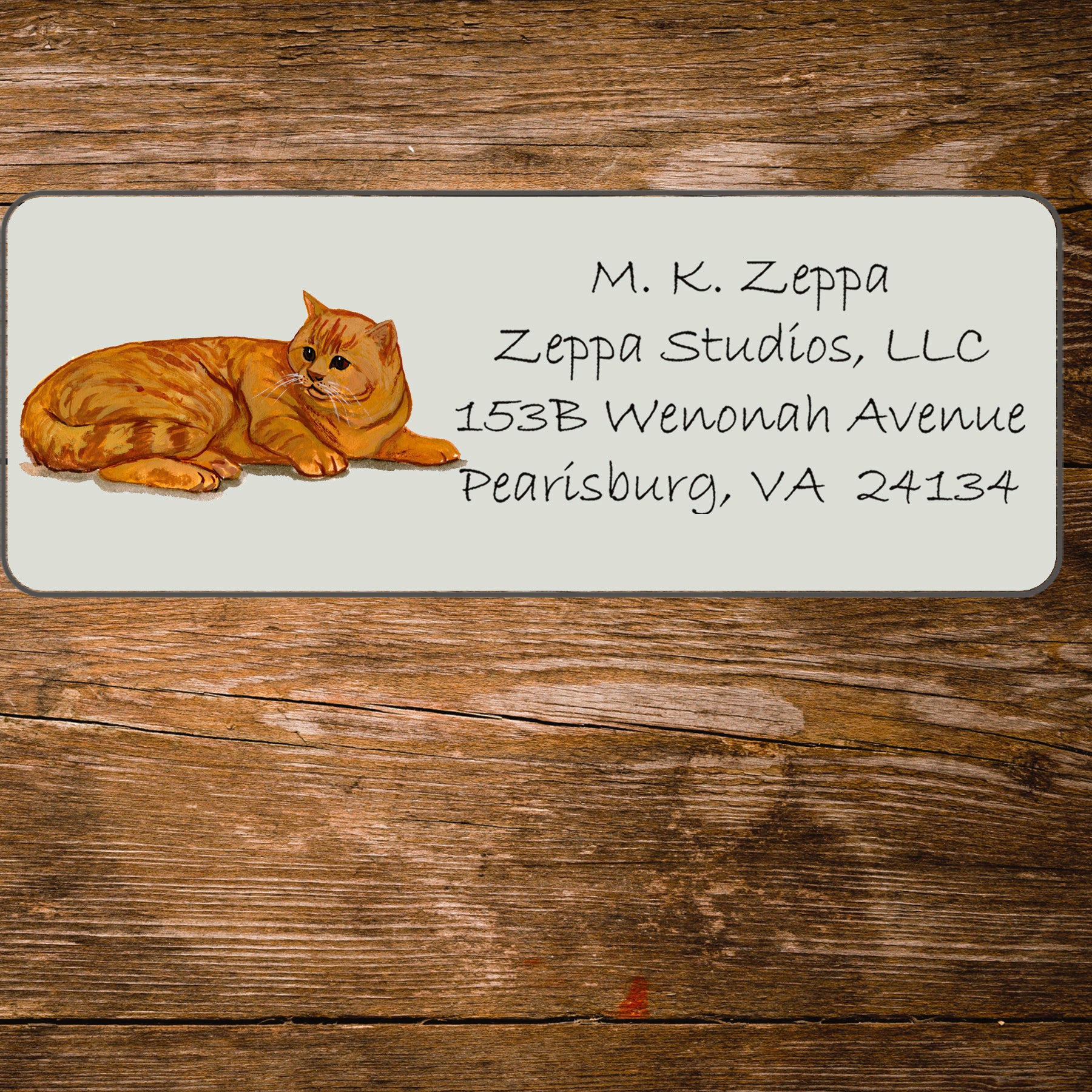 Return address label with a Red Tabby Cat illustration.