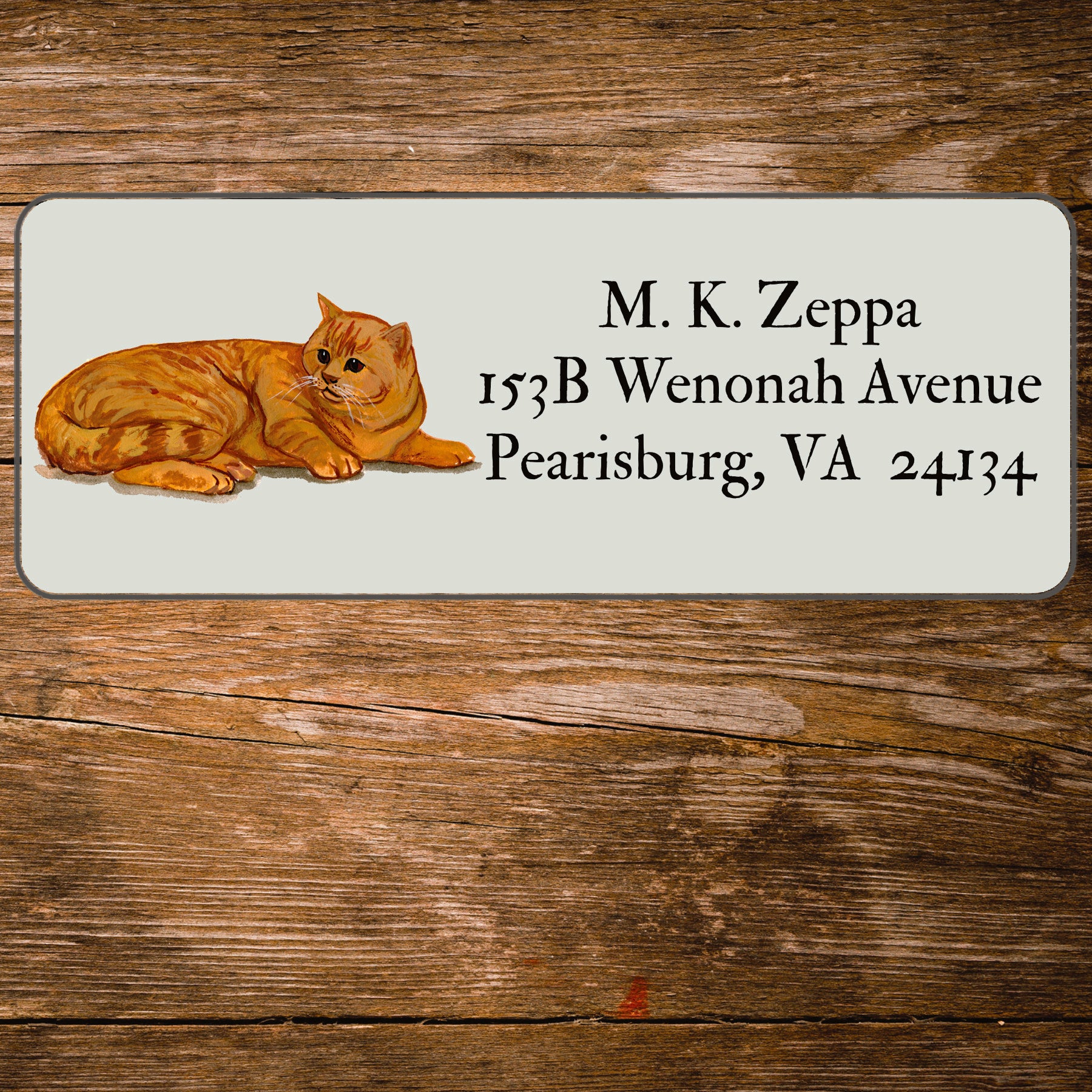 Return address label with a Red Tabby Cat illustration.