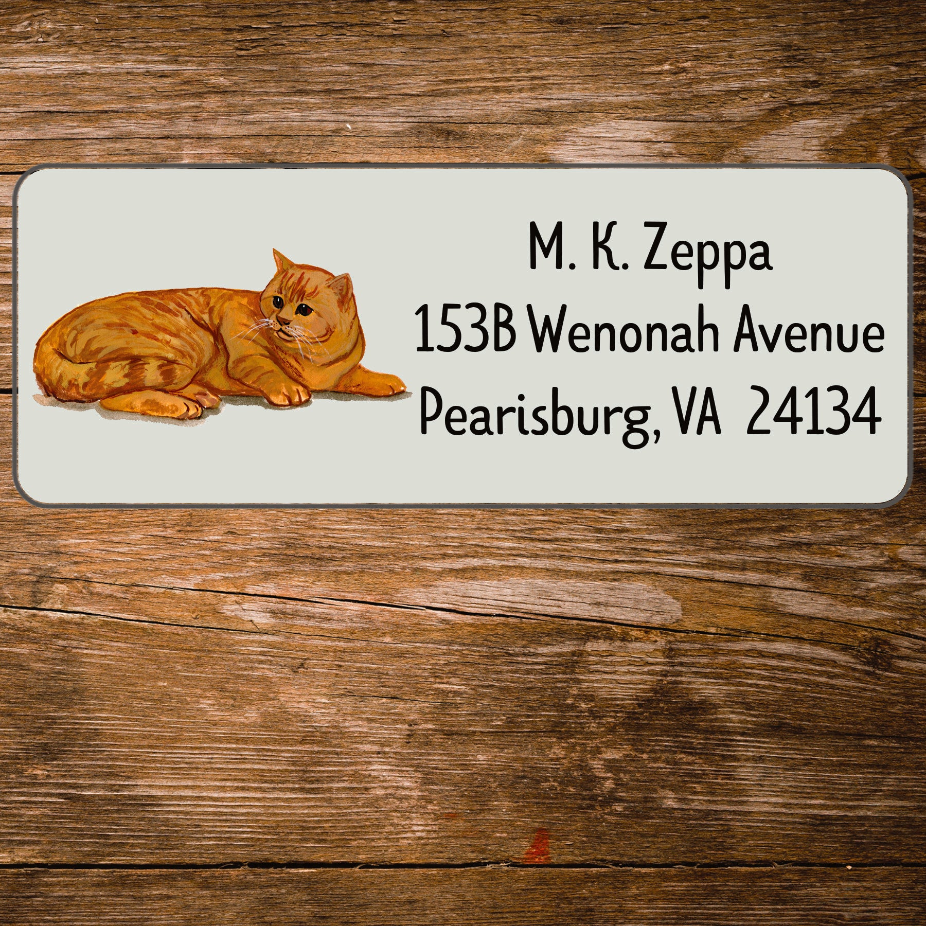 Return address label with a Red Tabby Cat illustration.