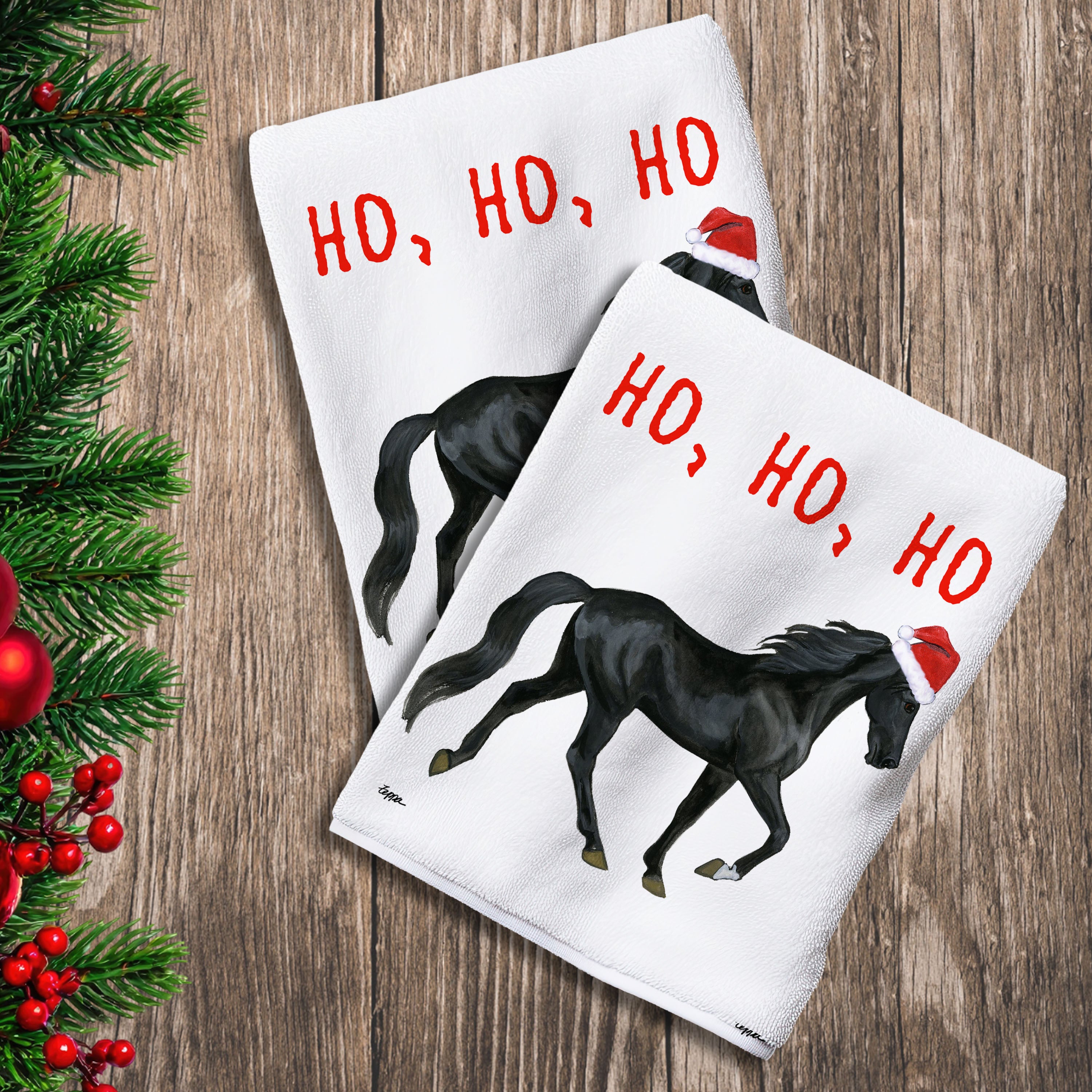 2 Kitchen Towels with an Tennessee Walking Horse in a Santa Hat and Ho Ho Ho text.

