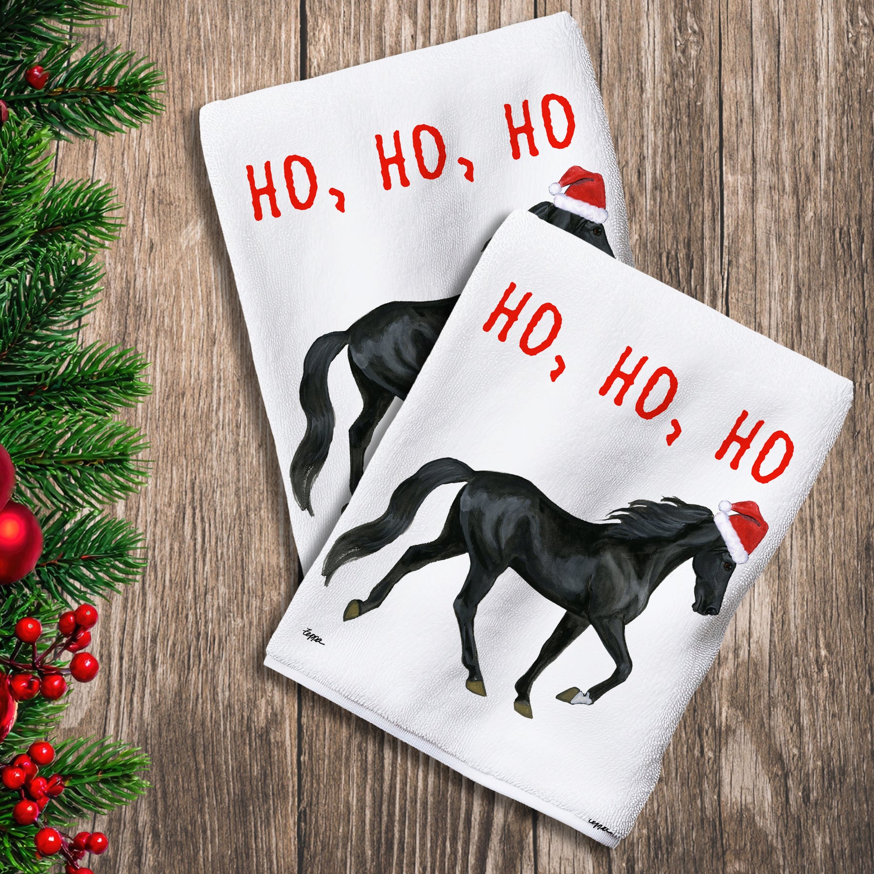 2 Kitchen Towels with an Tennessee Walking Horse in a Santa Hat and Ho Ho Ho text.

