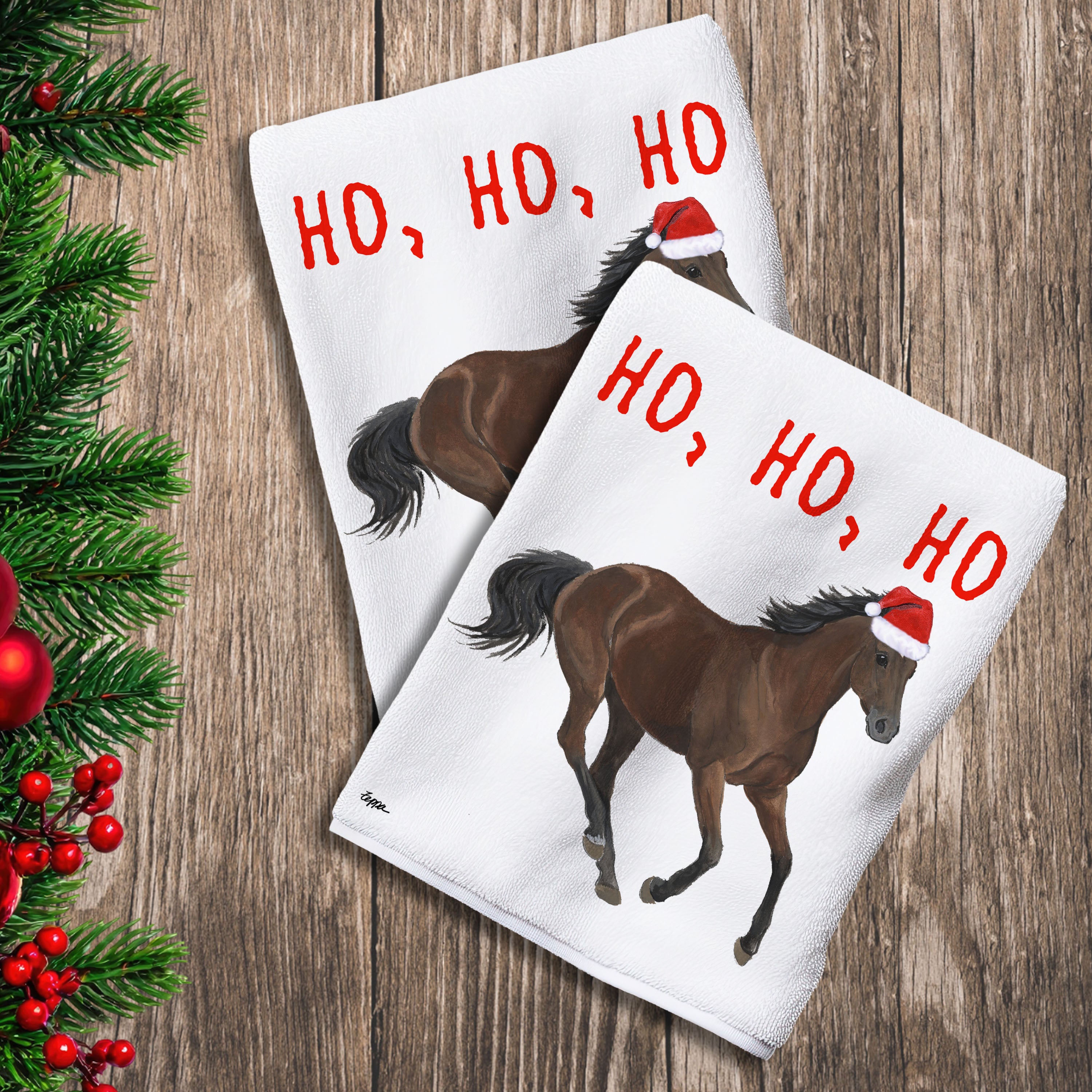 2 Kitchen Towels with a Thoroughbred horse in a Santa Hat and Ho Ho Ho text.