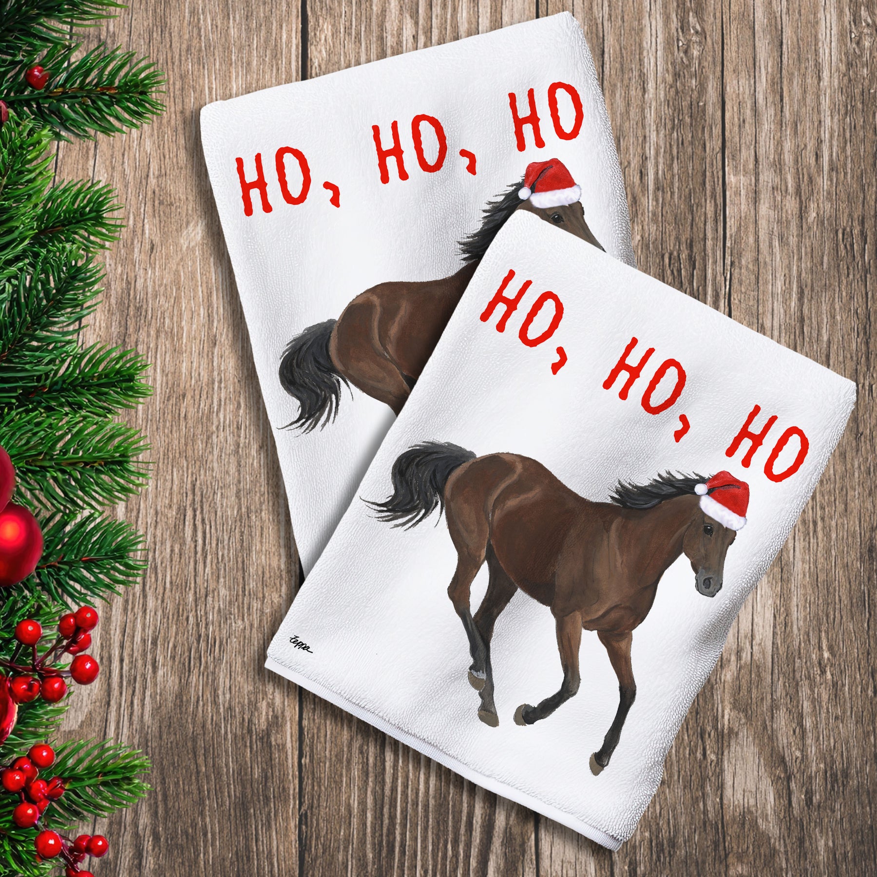 2 Kitchen Towels with a Thoroughbred horse in a Santa Hat and Ho Ho Ho text.