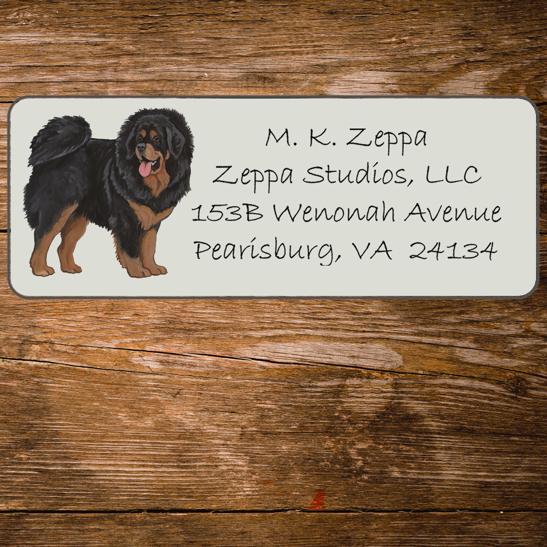 Return address label with an illustration of a Tibetan Mastiff