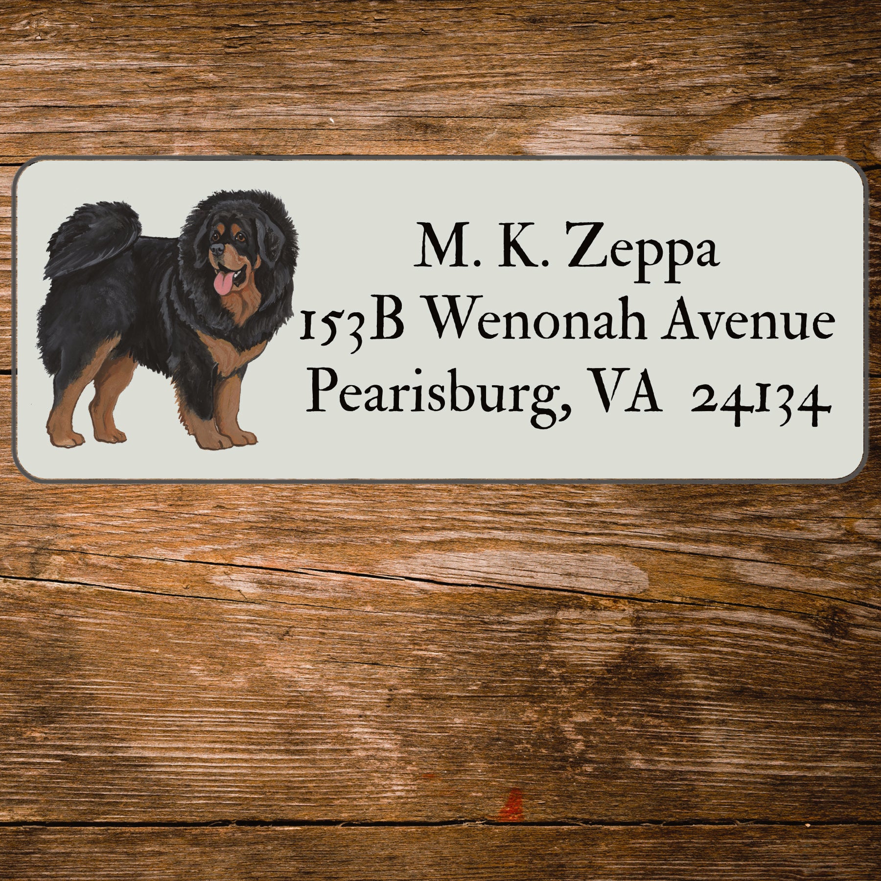 Return address label with an illustration of a Tibetan Mastiff