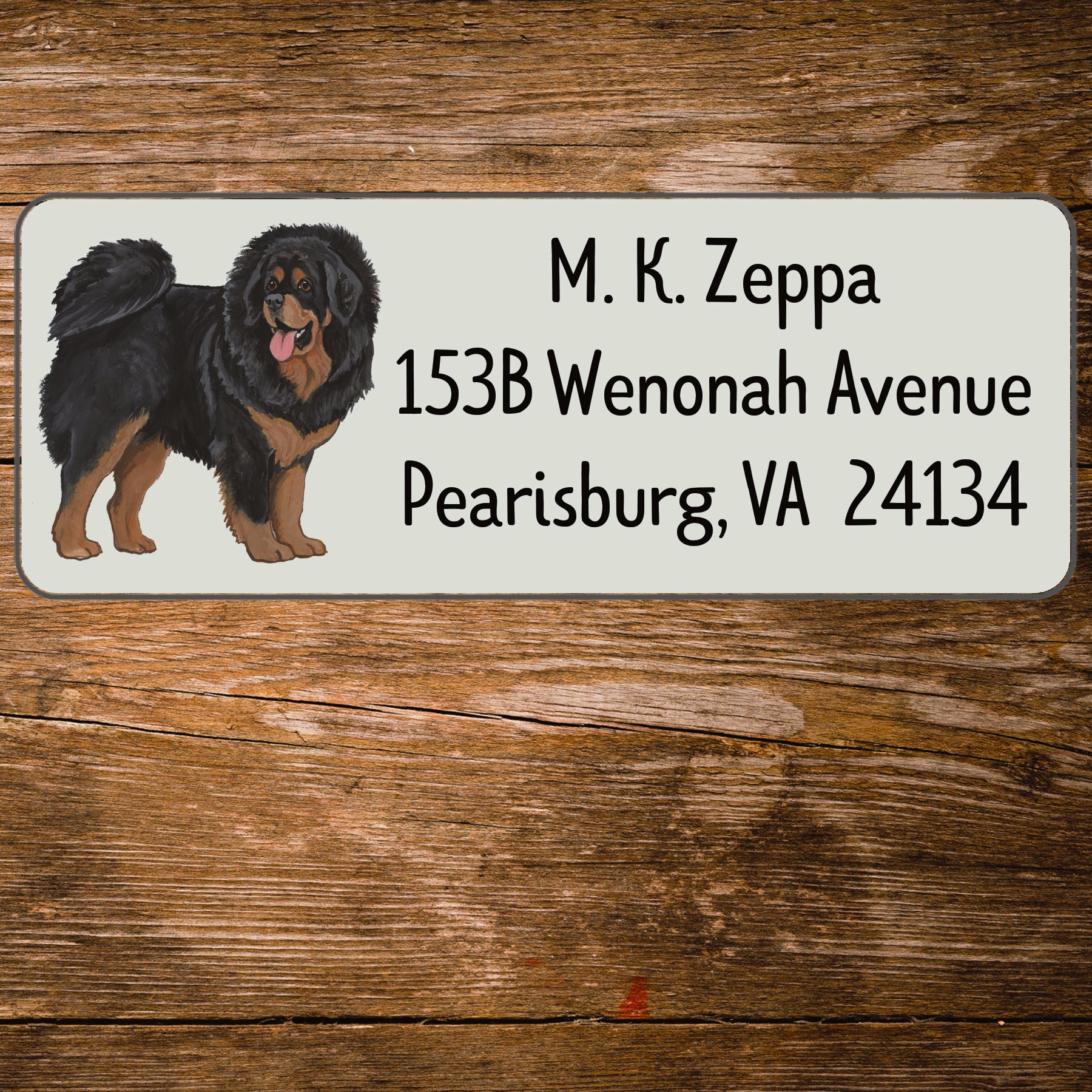 Return address label with an illustration of a Tibetan Mastiff