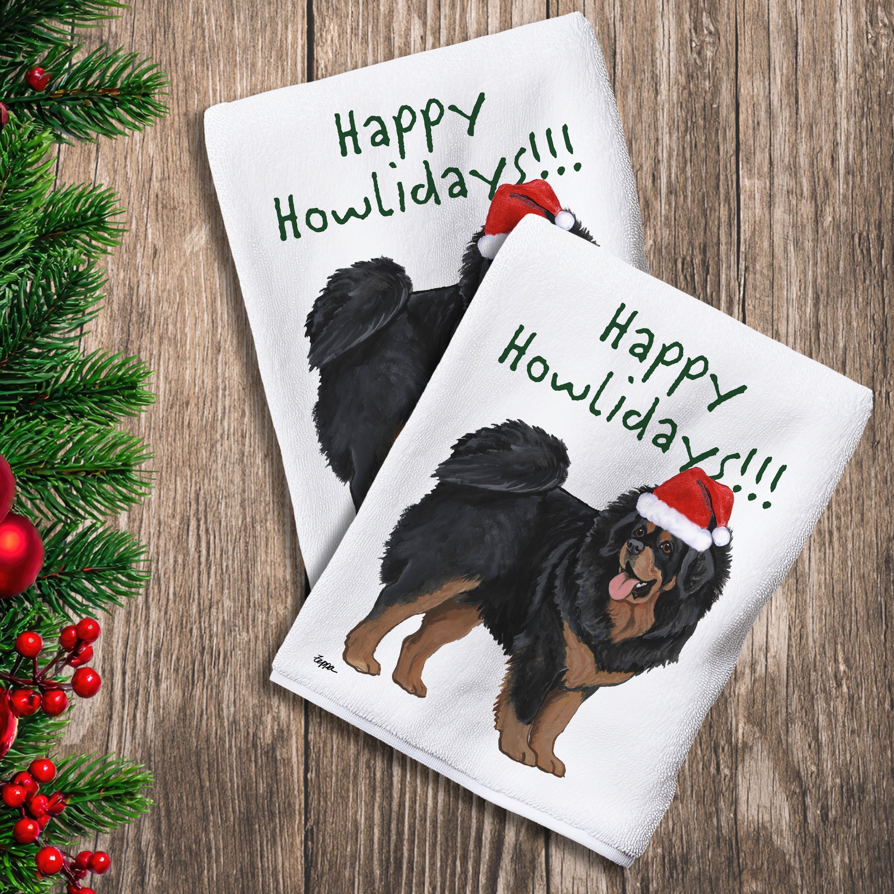 2 Kitchen Towels with a Tibetan Mastiff in a Santa Hat and Happy Howlidays text.
