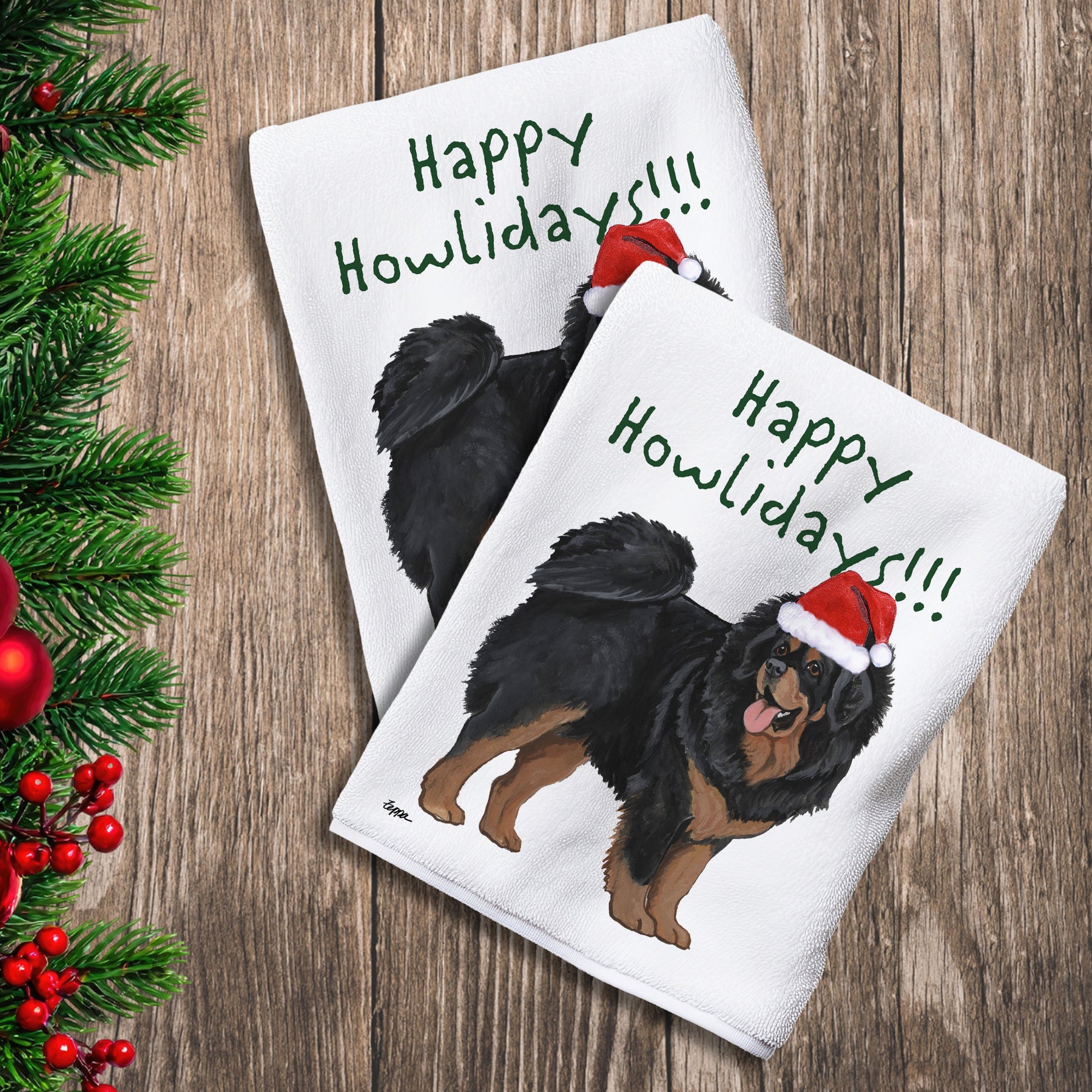 2 Kitchen Towels with a Tibetan Mastiff in a Santa Hat and Happy Howlidays text.
