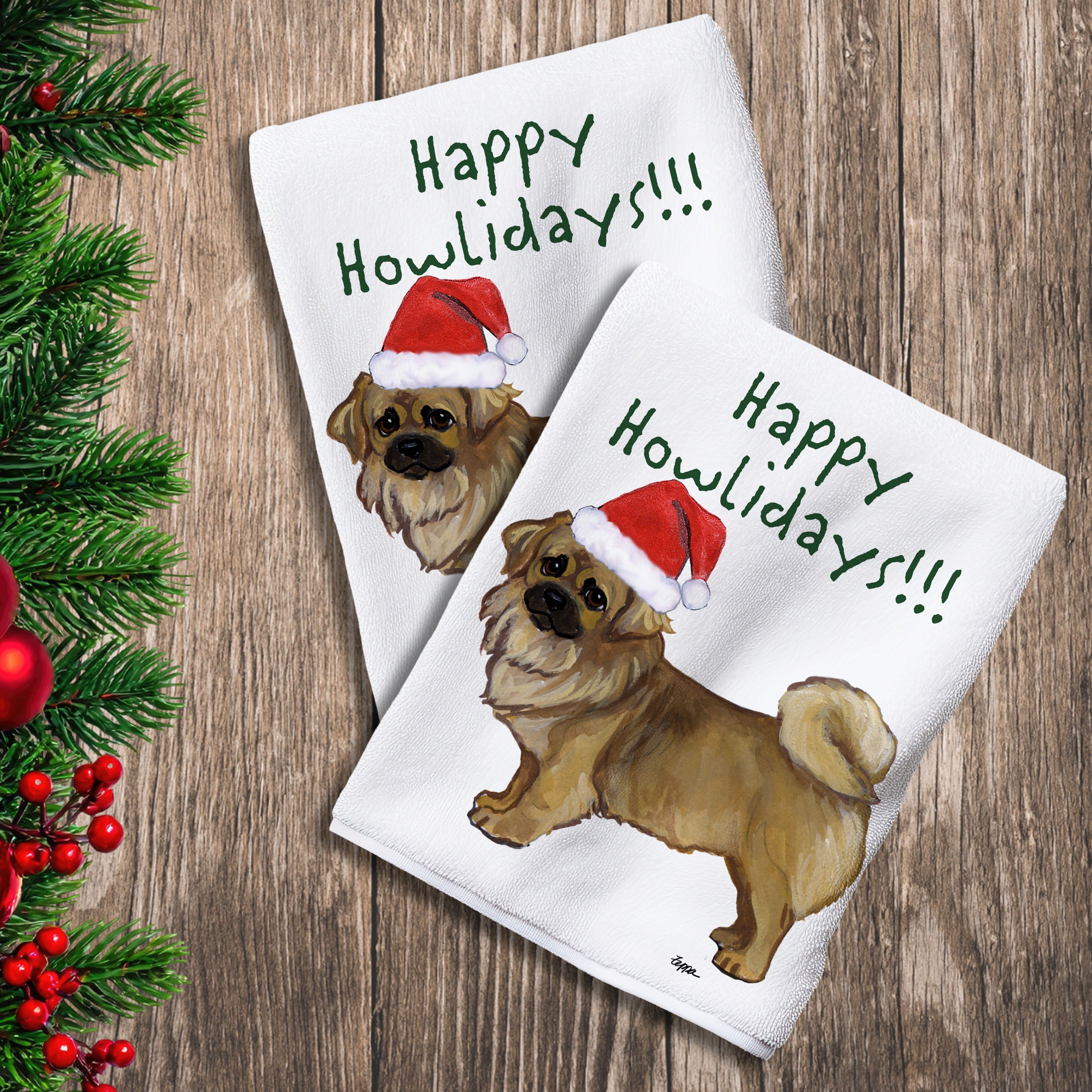 2 Kitchen Towels with a Tibetan Spaniel in a Santa Hat and Happy Howlidays text.
 
