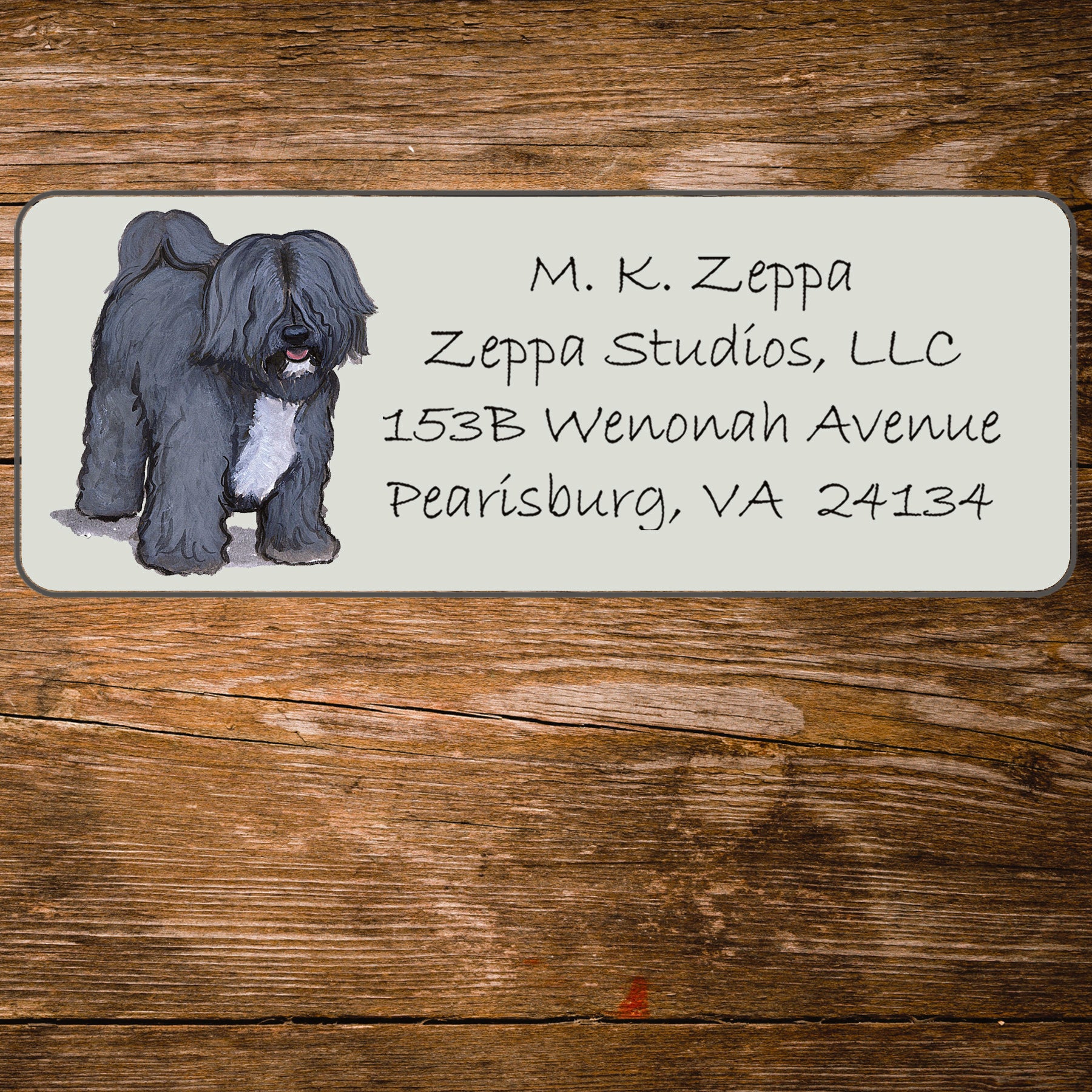 Return address label with a Tibetan Terrier illustration.