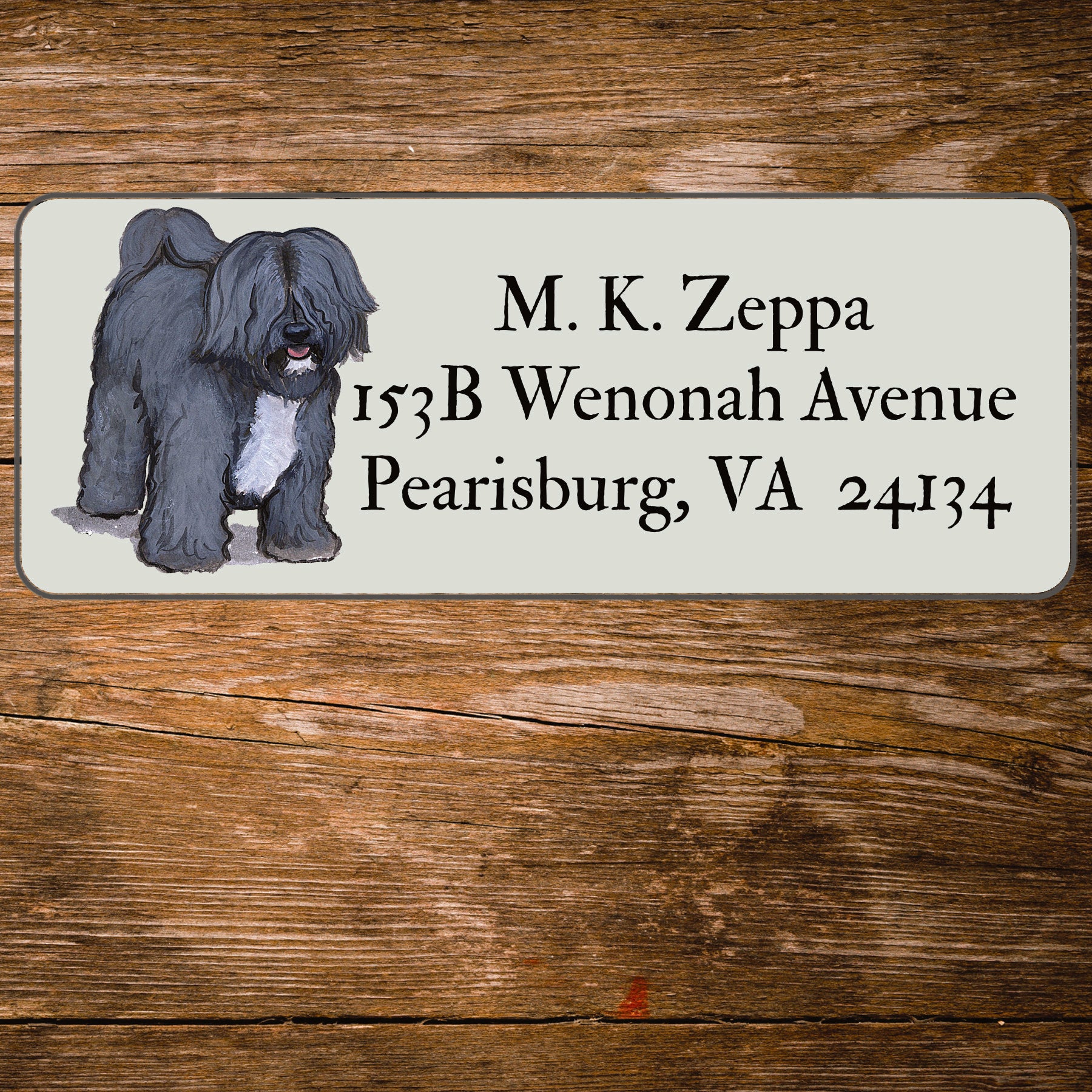 Return address label with a Tibetan Terrier illustration.