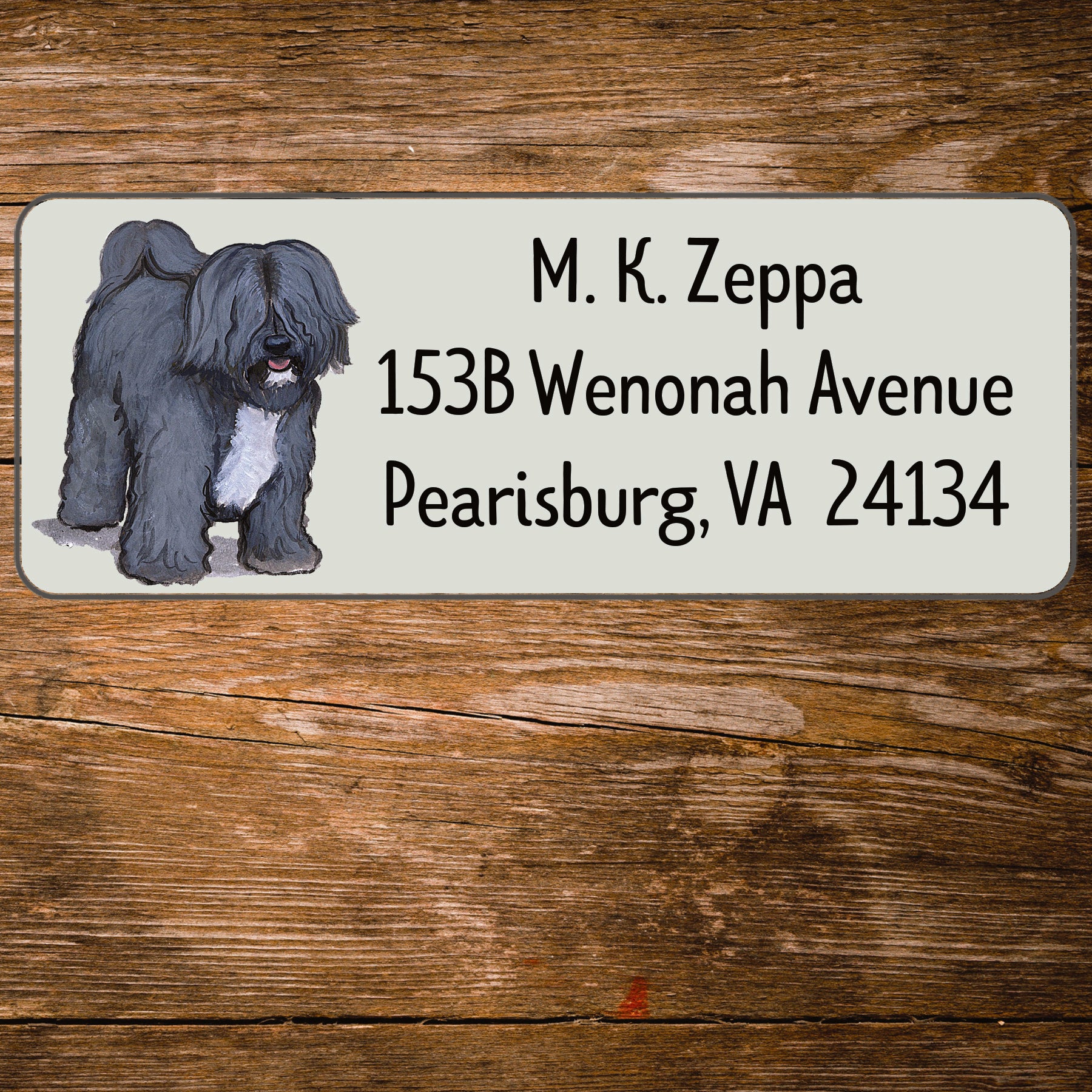Return address label with a Tibetan Terrier illustration.