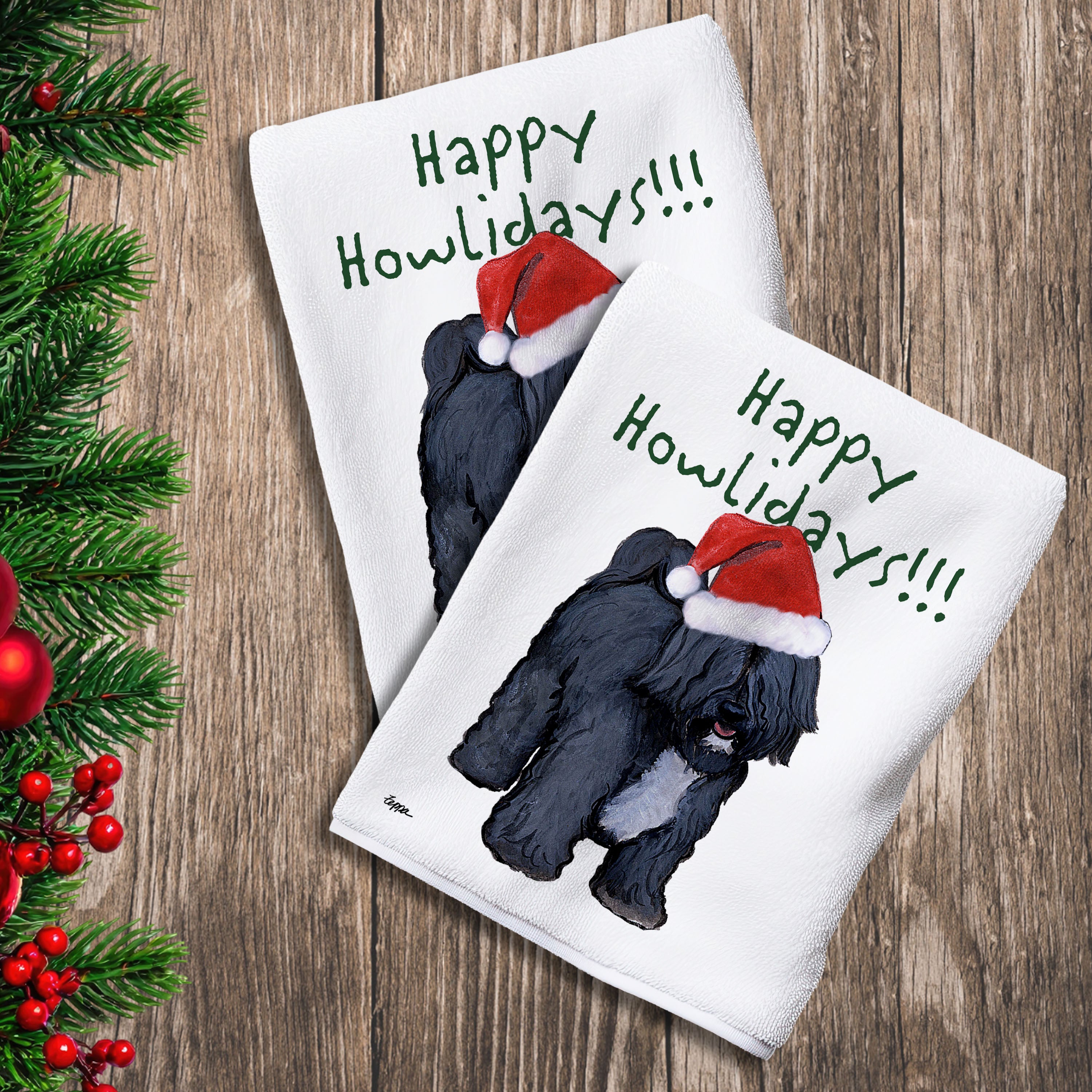 2 Kitchen Towels with a Tibetan Terrier in a Santa Hat and Happy Howlidays text.