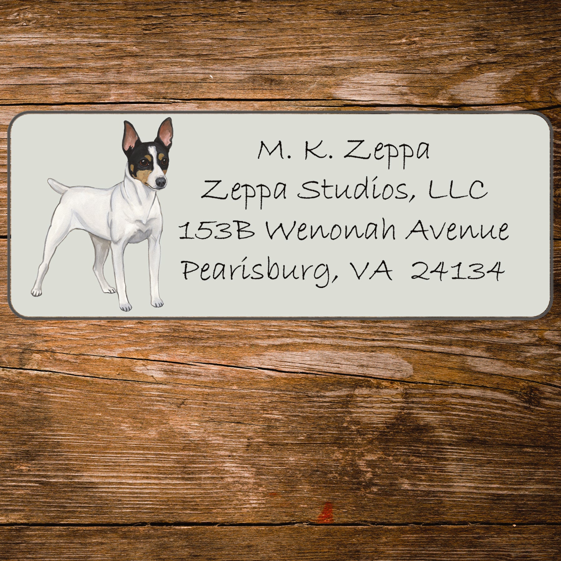 Return address label with an illustration of a Toy Fox Terrier