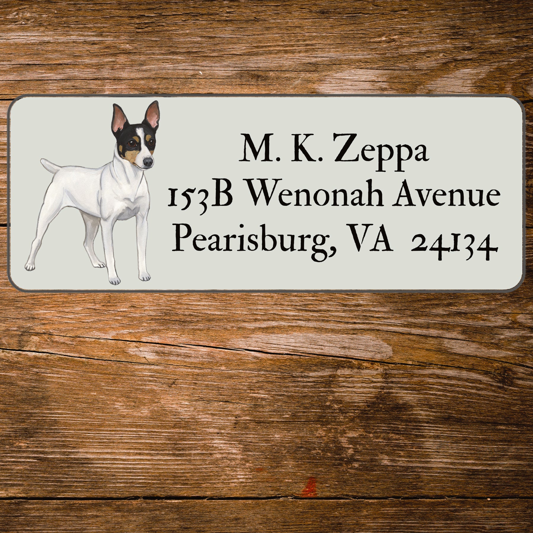 Return address label with an illustration of a Toy Fox Terrier