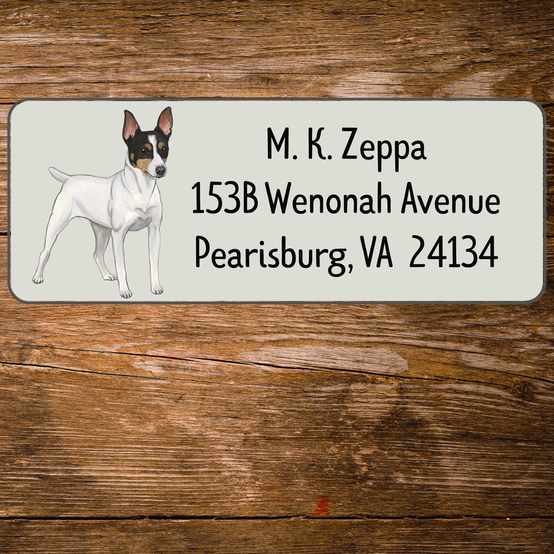 Return address label with an illustration of a Toy Fox Terrier