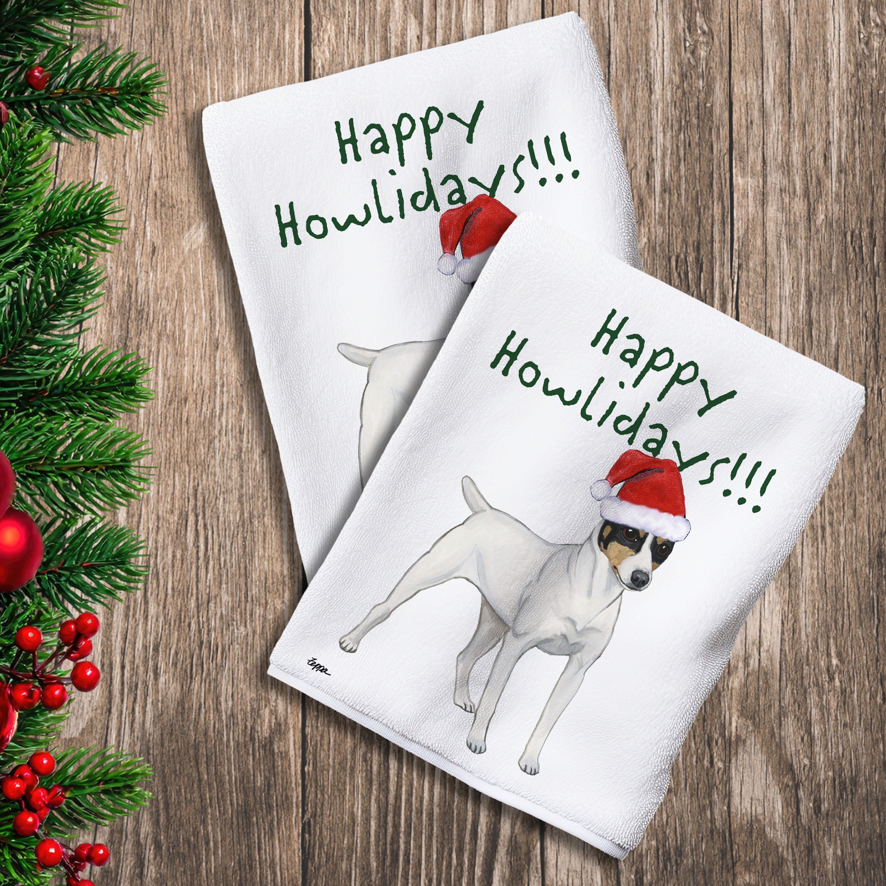 2 Kitchen Towels with a Toy Fox Terrier in a Santa Hat and Happy Howlidays text.
