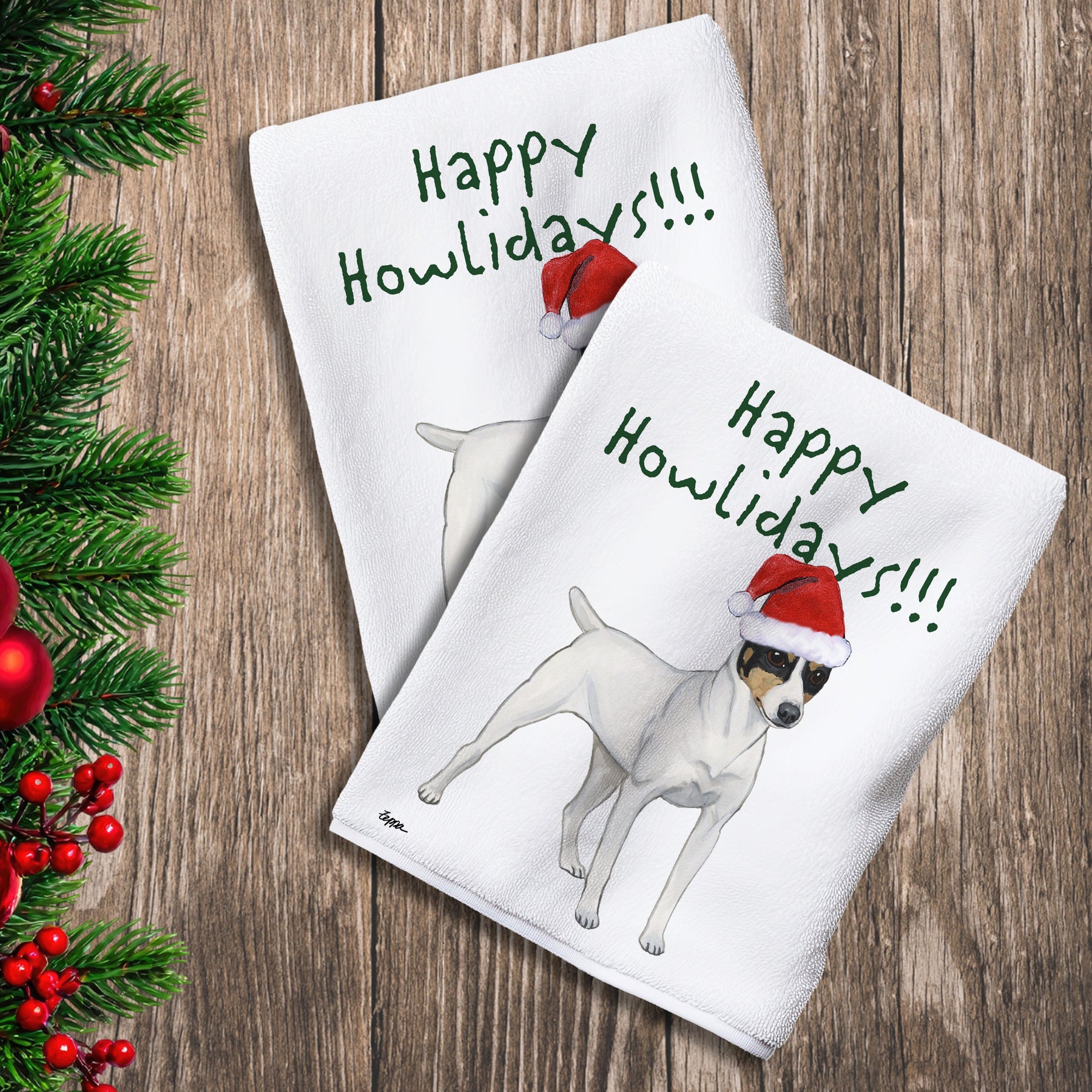 2 Kitchen Towels with a Toy Fox Terrier in a Santa Hat and Happy Howlidays text.